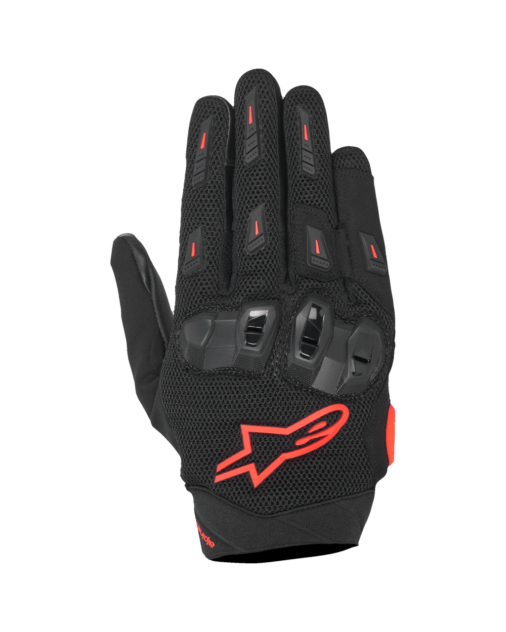 Gants Alpinestars SP X 5 Air, gants de moto sport, noir et rouge fluo, avec dos de la main en mesh 3D extensible, protection des articulations en TPU double densité, logo étoile Alpinestars rouge, design perforé respirant pour la conduite sportive estivale
