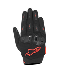 Gants Alpinestars SP X 5 Air, gants de moto sport, noir et rouge fluo, avec dos de la main en mesh 3D extensible, protection des articulations en TPU double densité, logo étoile Alpinestars rouge, design perforé respirant pour la conduite sportive estivale