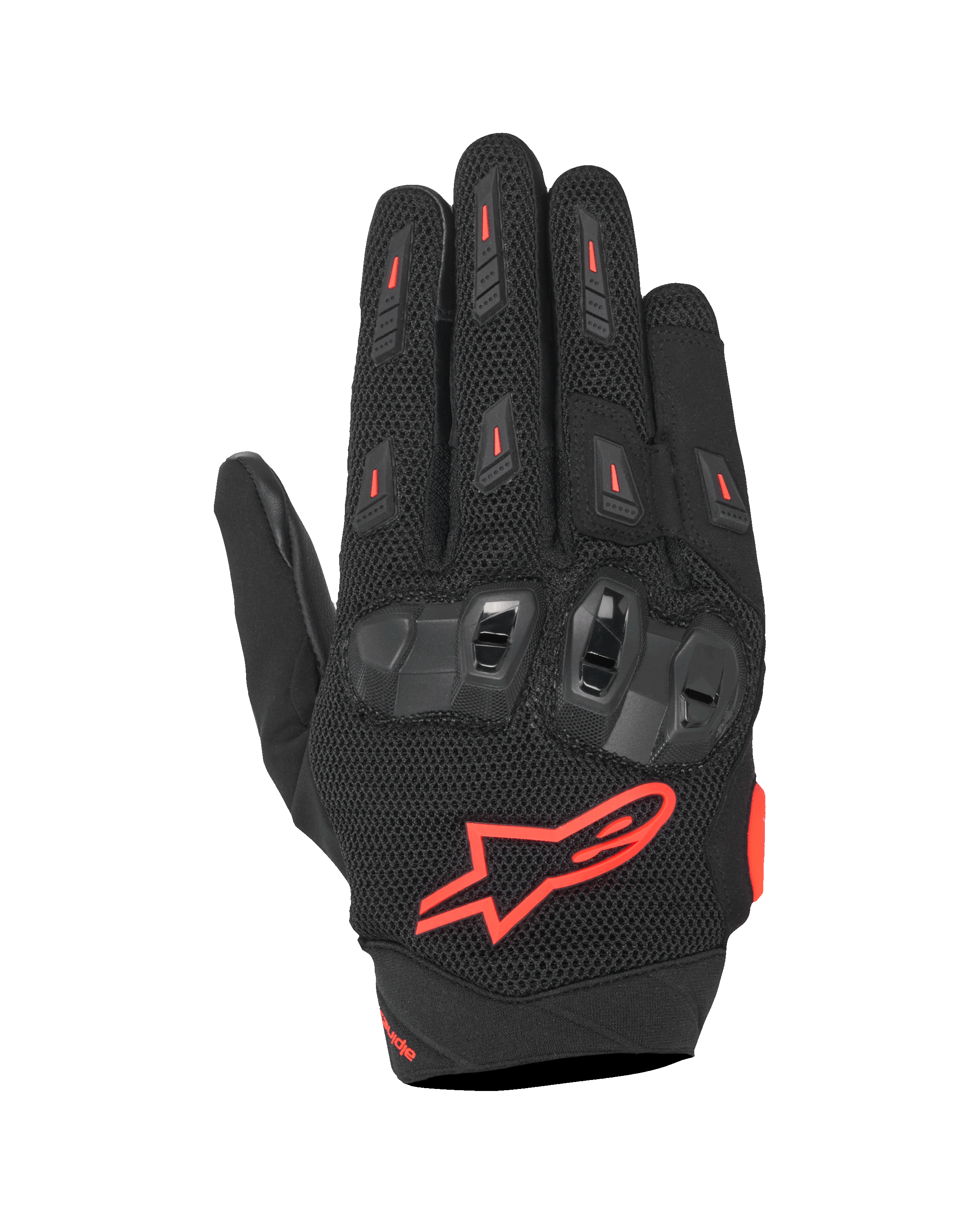 Gants Alpinestars SP X 5 Air, gants de moto sport, noir et rouge fluo, avec dos de la main en mesh 3D extensible, protection des articulations en TPU double densité, logo étoile Alpinestars rouge, design perforé respirant pour la conduite sportive estivale