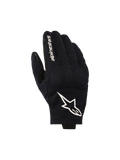 Alpinestars Reef V2 Gloves, Black and White Motorcycle Gloves, featuring a textured stretch fabric top hand with a prominent white star logo and brand lettering on the index finger, short-cuff urban design