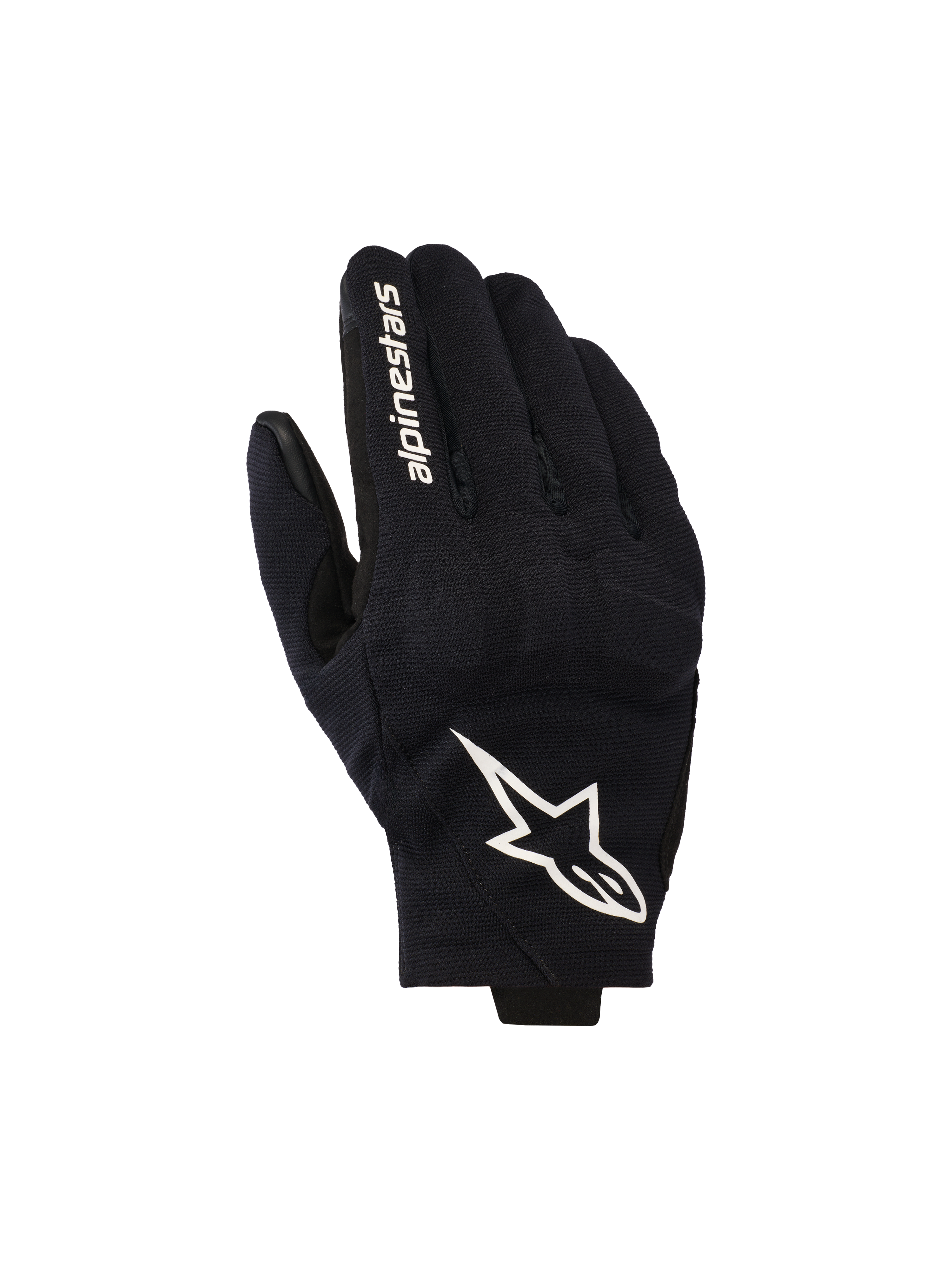 Gants Alpinestars Reef V2, gants de moto noirs et blancs, dotés d'un dessus de main en tissu extensible texturé avec un logo étoile blanc proéminent et le lettrage de la marque sur l'index, design urbain à manchette courte