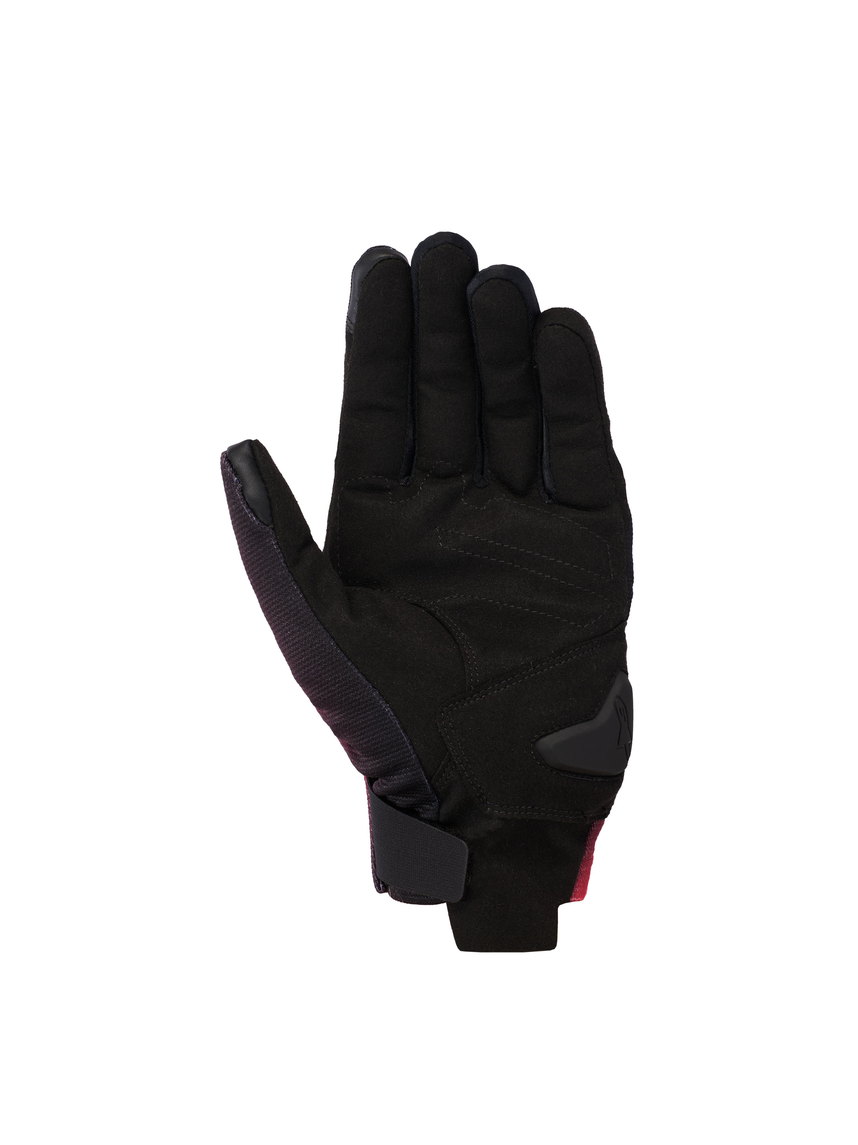 Gants Alpinestars Reef V2, gants de moto, Noir Rouge Fluo Blanc, vue de la paume en suède synthétique avec renforts rembourrés, conception à manchette courte avec fermeture du poignet à crochet et boucle