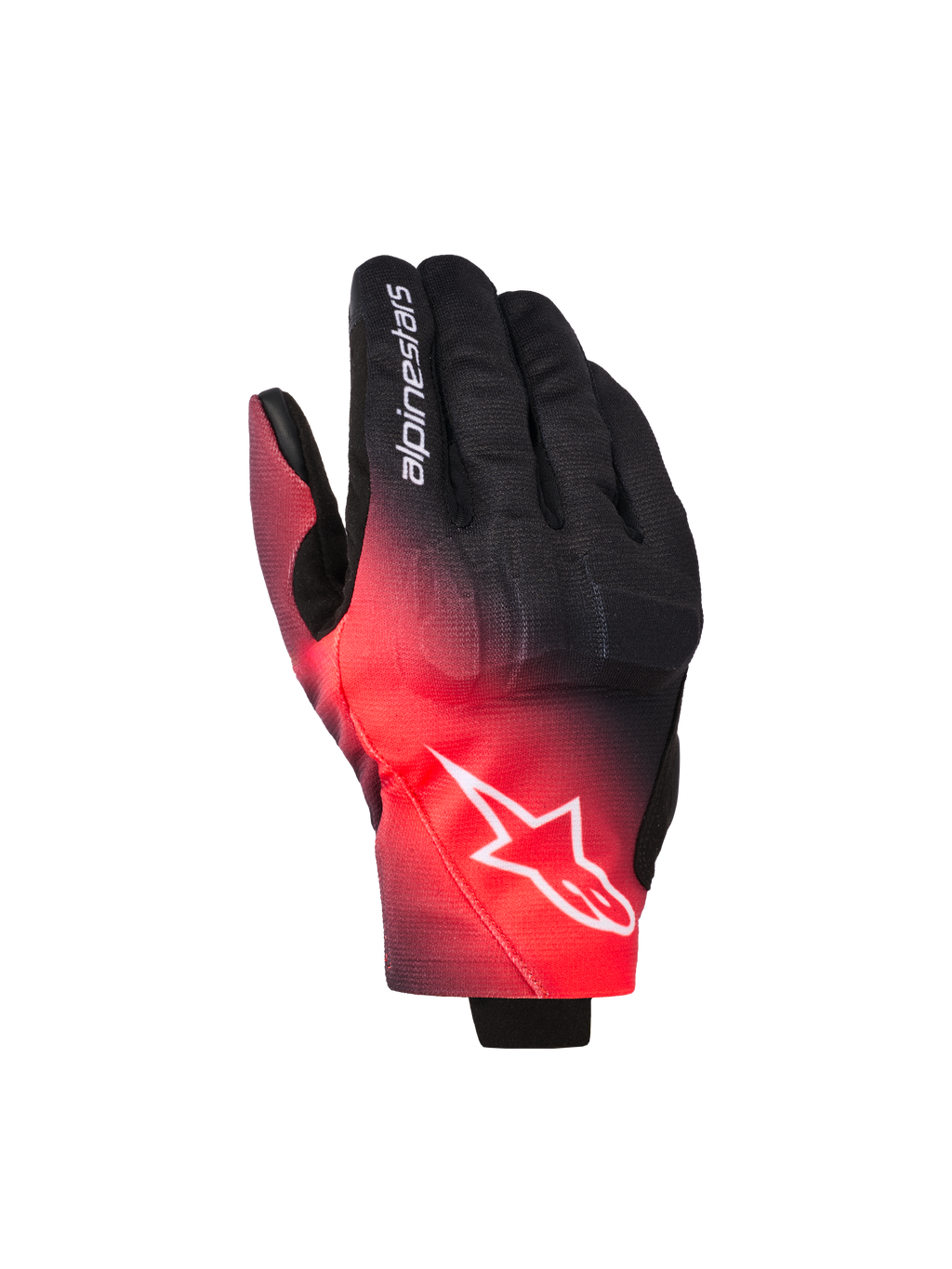 Gants Alpinestars Reef V2, gants de moto, noir et rouge fluo avec un dégradé de couleurs, logo étoile Alpinestars blanc sur le dos de la main et texte sur l'index, style de conduite urbaine