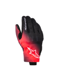 Gants Alpinestars Reef V2, gants de moto, noir et rouge fluo avec un dégradé de couleurs, logo étoile Alpinestars blanc sur le dos de la main et texte sur l'index, style de conduite urbaine