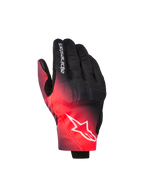 Gants Alpinestars Reef V2, gants de moto, noir et rouge fluo avec un dégradé de couleurs, logo étoile Alpinestars blanc sur le dos de la main et texte sur l'index, style de conduite urbaine