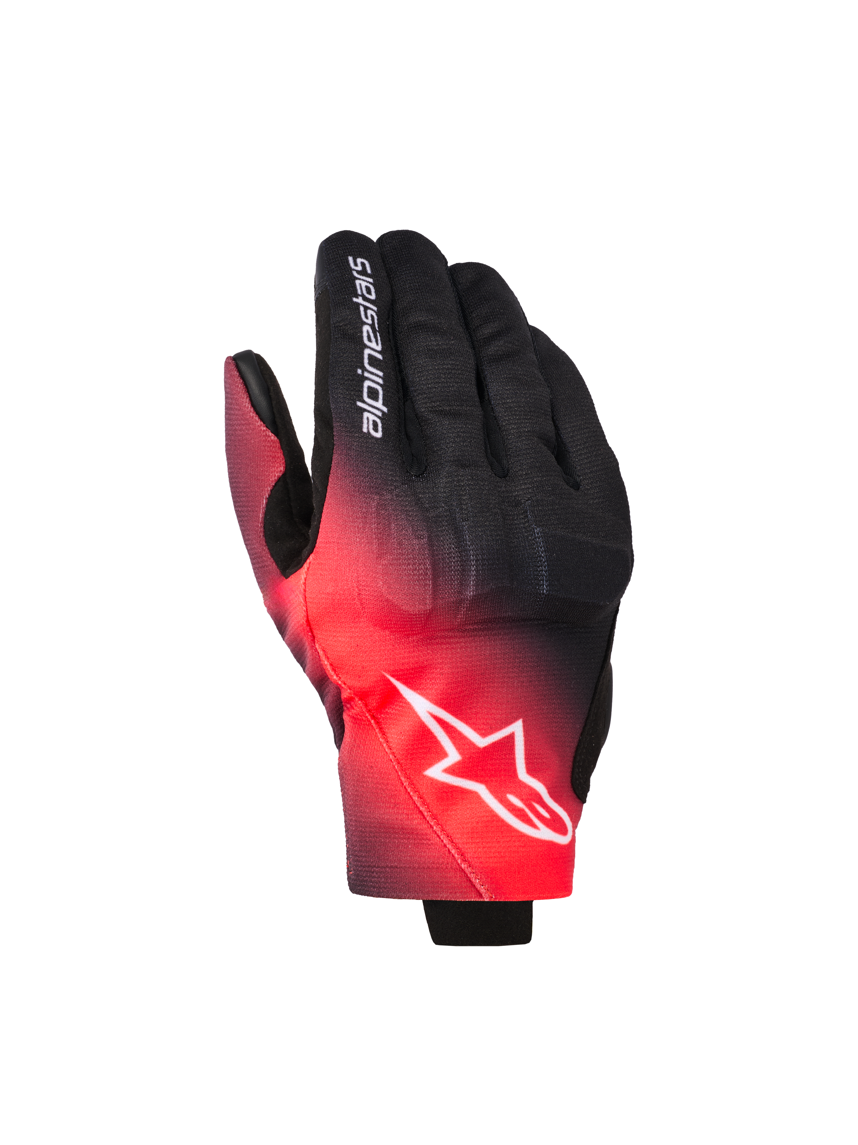 Gants Alpinestars Reef V2, gants de moto, noir et rouge fluo avec un dégradé de couleurs, logo étoile Alpinestars blanc sur le dos de la main et texte sur l'index, style de conduite urbaine