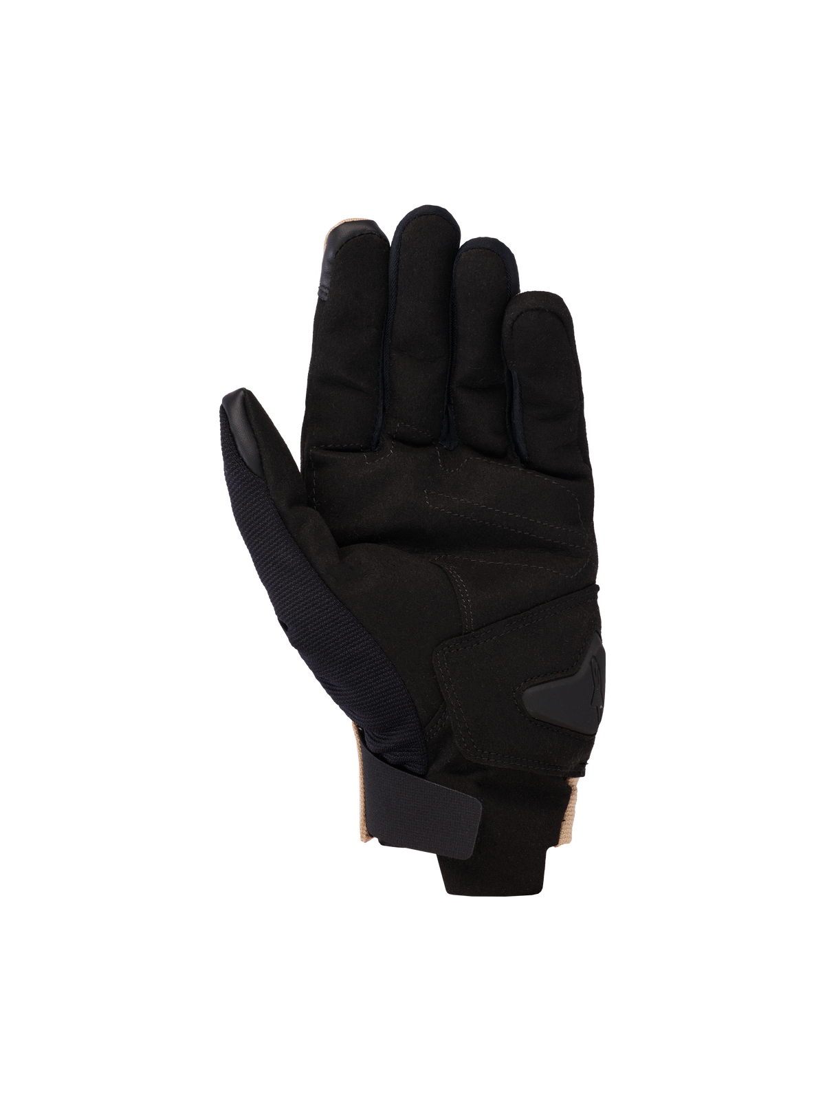 Gants Alpinestars Reef V2 2025, gants de moto, Noir Sable, vue de la paume montrant la paume en suède synthétique avec renfort rembourré, manchette courte avec sangle auto-agrippante et bouts des doigts compatibles avec les écrans tactiles
