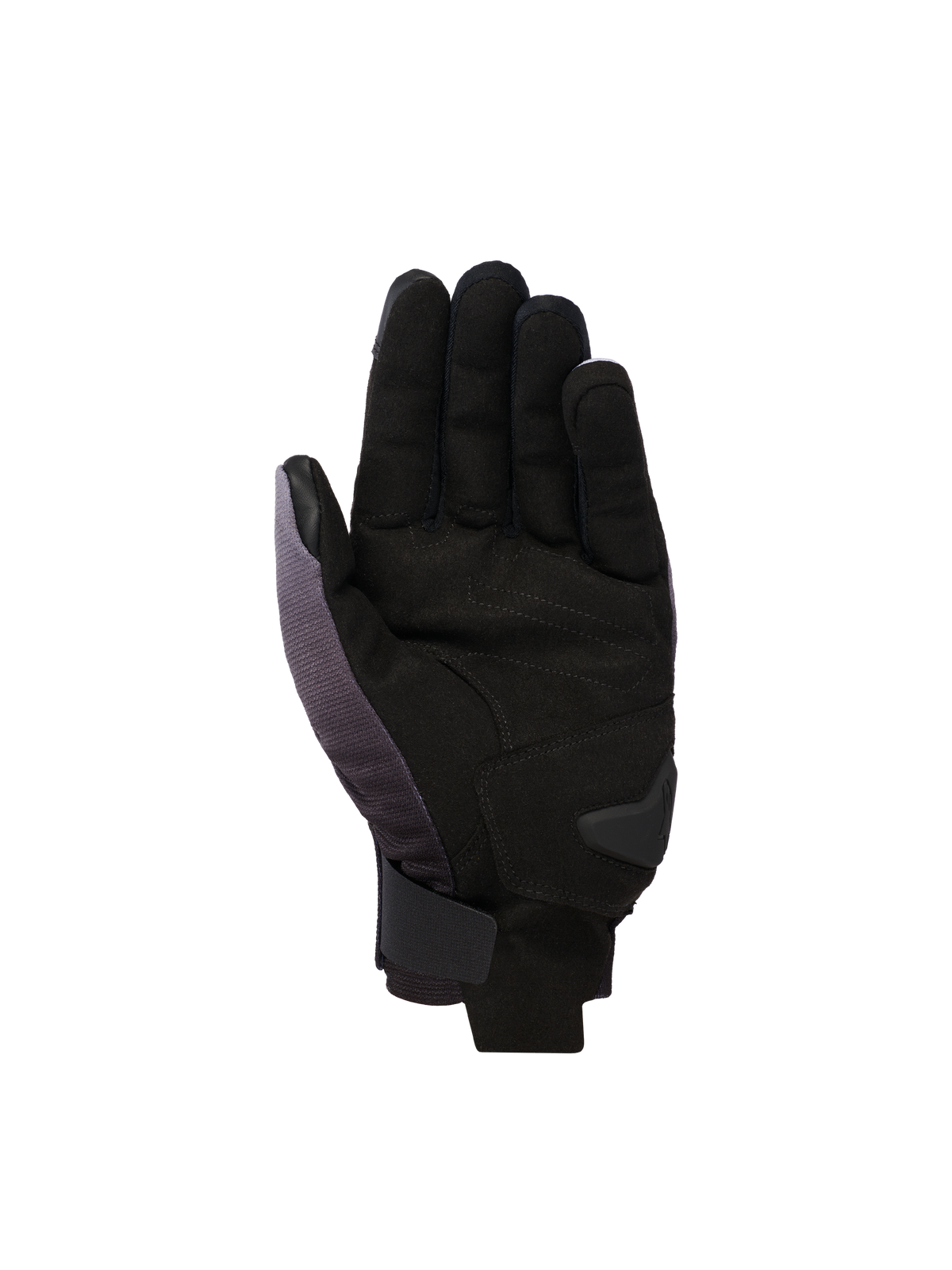 Gants Alpinestars Reef V2, gants de moto à manchette courte, Gris Moyen Noir Blanc, vue de la paume en daim synthétique avec renfort rembourré et fermeture auto-agrippante sécurisée au poignet.