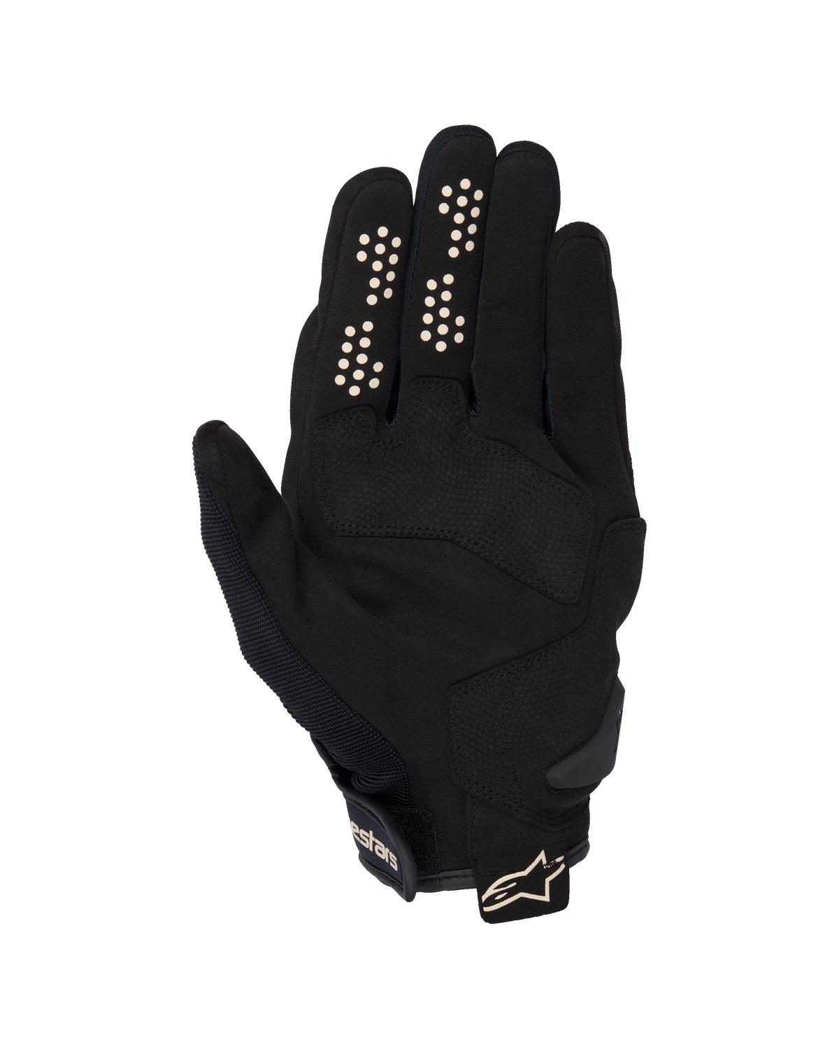 Gants Alpinestars Chrome V2, gants de moto urbains, noir et amande, vue du côté de la paume avec paume en suède synthétique, points d'adhérence en silicone sur l'index et le majeur, et manchette courte avec sangle réglable et logo.