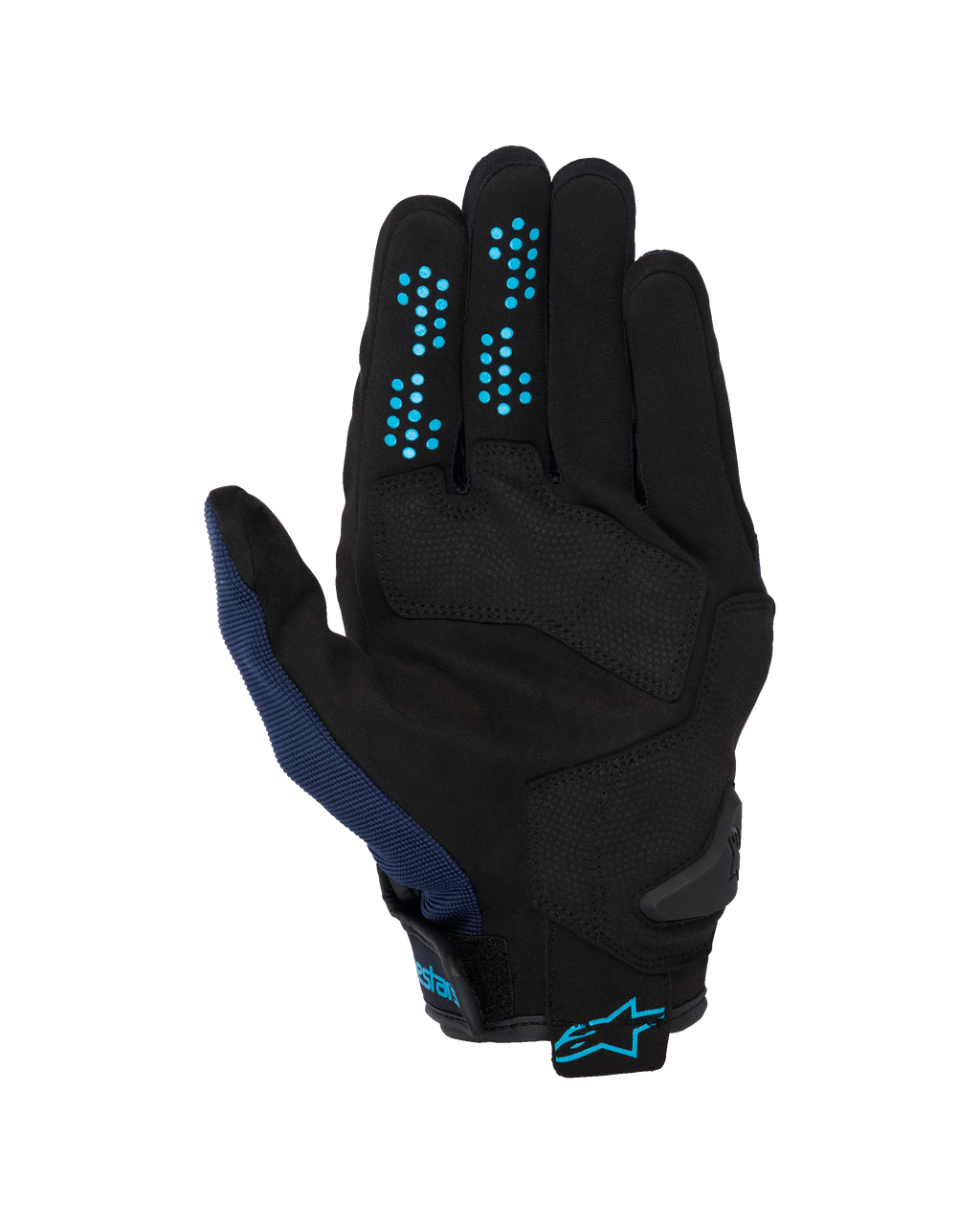 Gants Alpinestars Chrome V2, Dark Blue Hawaiian Ocean, vue de la paume, construction en daim synthétique noir avec points d'adhérence en silicone bleu sur les doigts, maille respirante sur le pouce et manchette réglable avec logo Alpinestars bleu.