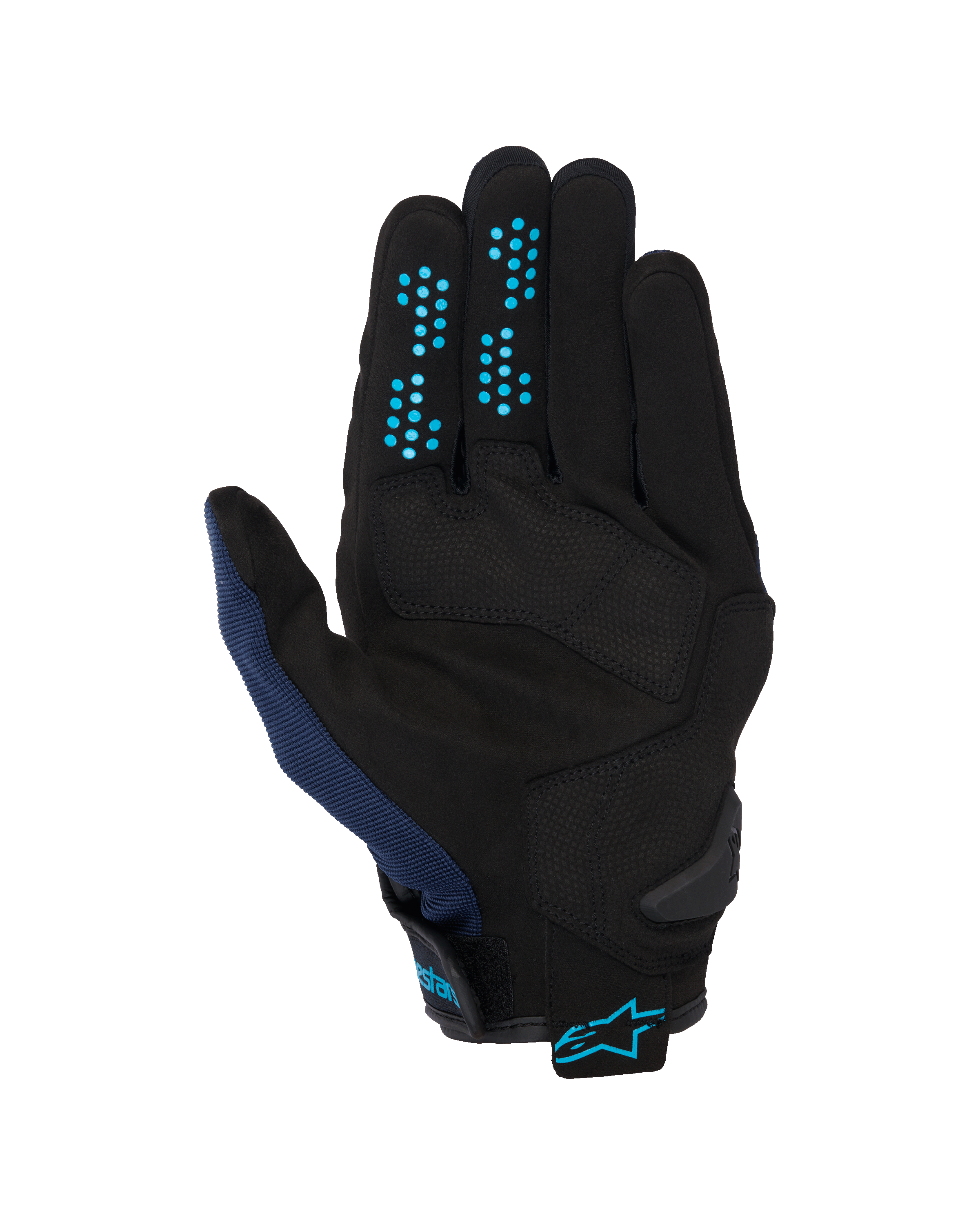 Gants Alpinestars Chrome V2, Dark Blue Hawaiian Ocean, vue de la paume, construction en daim synthétique noir avec points d'adhérence en silicone bleu sur les doigts, maille respirante sur le pouce et manchette réglable avec logo Alpinestars bleu.