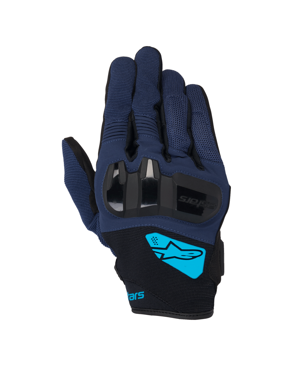 Alpinestars Chrome V2, gants de moto, bleu foncé et noir, avec protection rigide des articulations en TPU, logo Alpinestars cyan vif sur le poignet, équipement de conduite urbaine à manchette courte