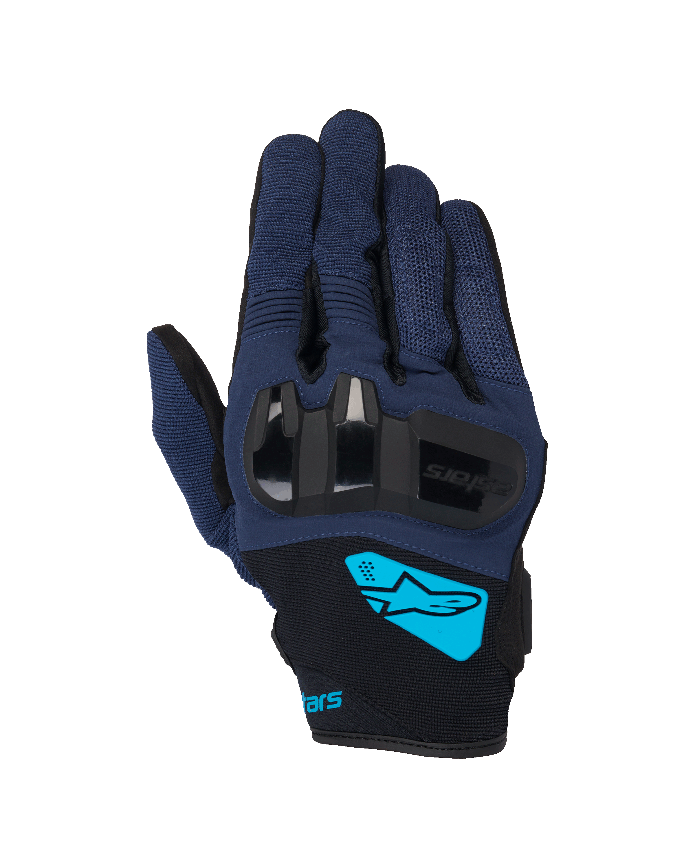 Alpinestars Chrome V2, gants de moto, bleu foncé et noir, avec protection rigide des articulations en TPU, logo Alpinestars cyan vif sur le poignet, équipement de conduite urbaine à manchette courte