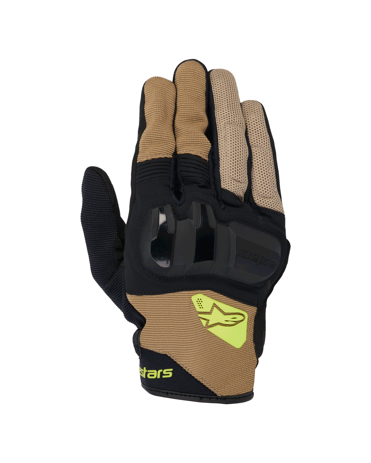 Gants Alpinestars Chrome V2, gants de moto à manchette courte, kaki foncé et noir, avec protection rigide des articulations, panneaux en maille respirante et logo Alpinestars jaune fluo, équipement de route urbain