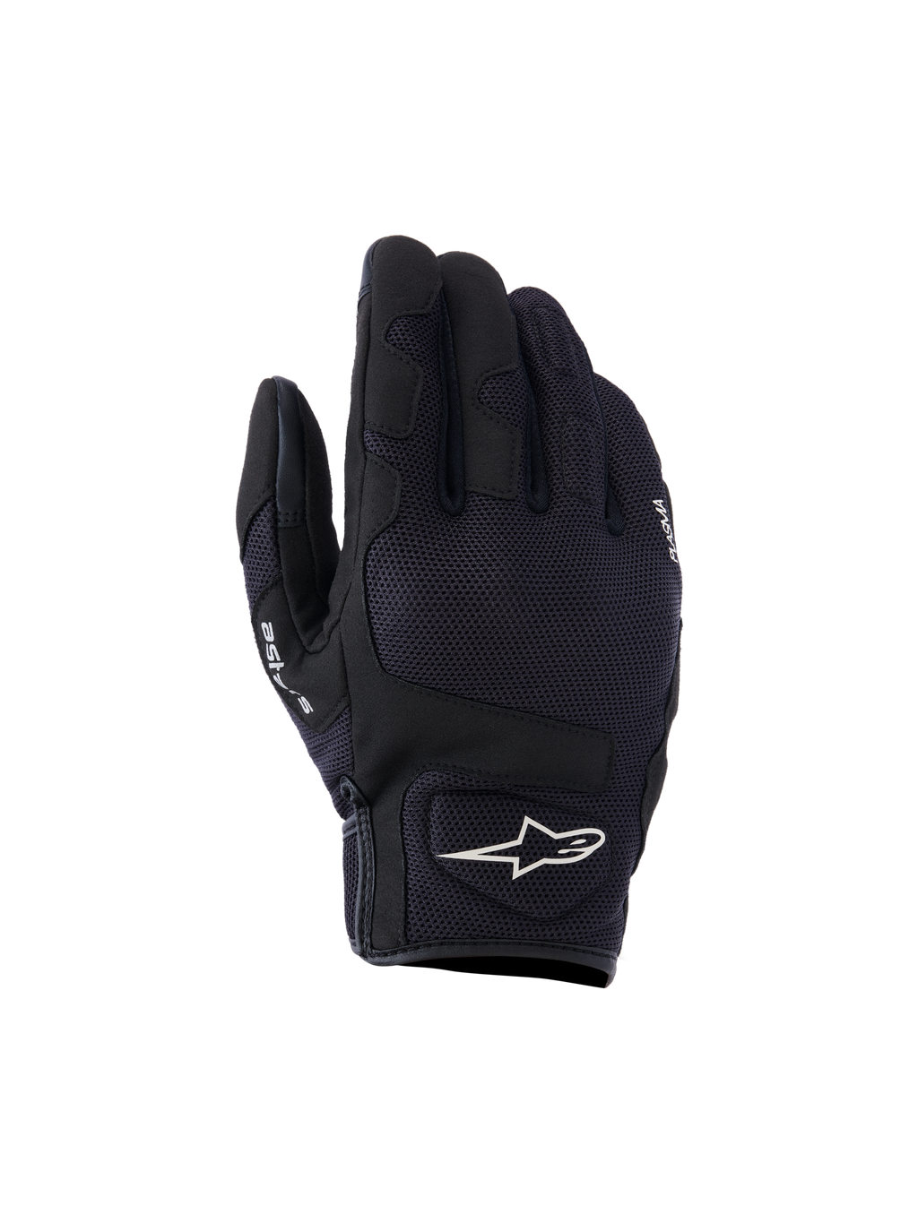 Gants Alpinestars Ignite, gants de moto urbains, noirs, dotés d'un dessus en mesh respirant, d'une protection des articulations NUCLEON PLASMA et d'un logo Alpinestars étoilé blanc au poignet.