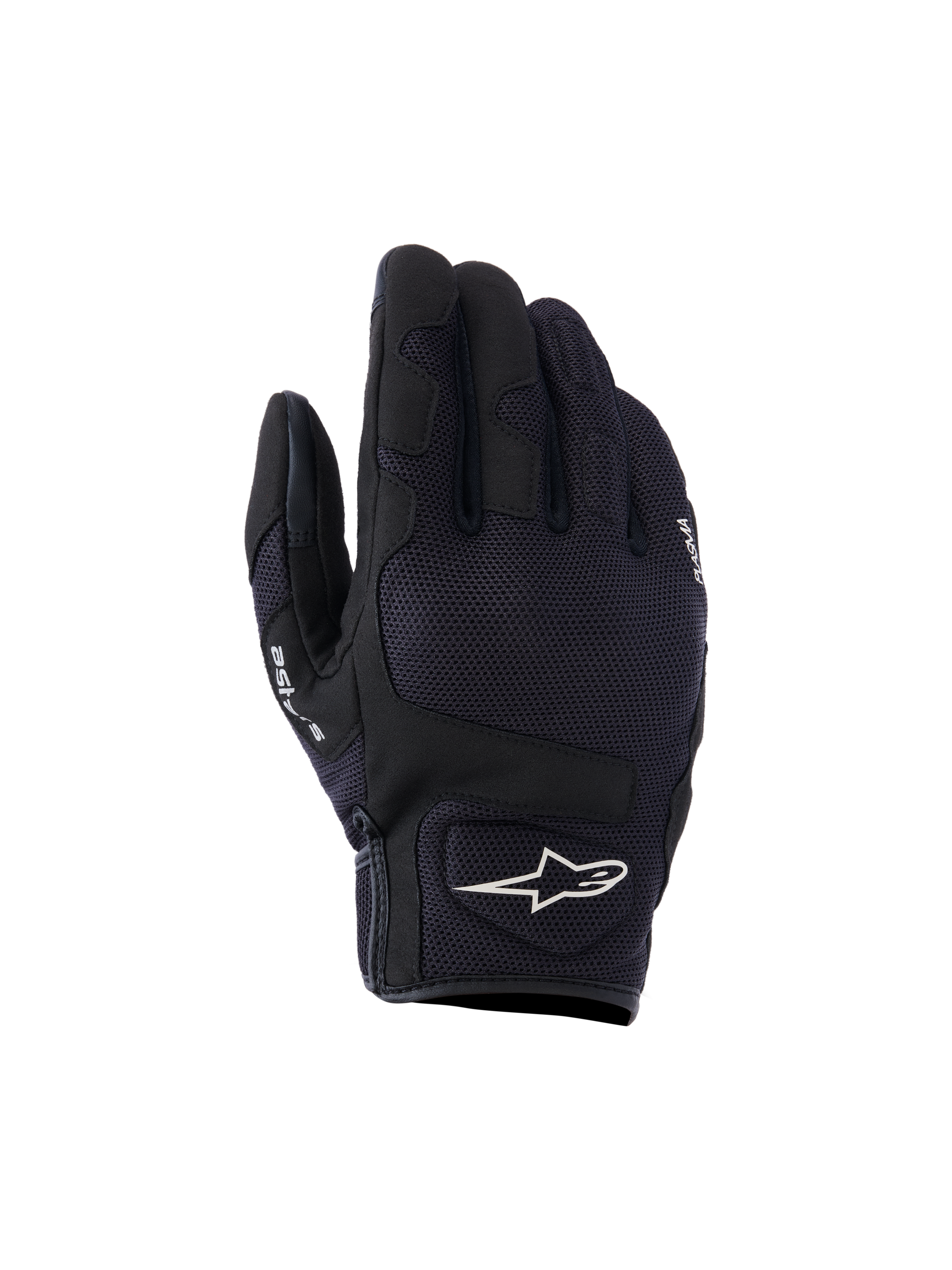 Gants Alpinestars Ignite, gants de moto urbains, noirs, dotés d'un dessus en mesh respirant, d'une protection des articulations NUCLEON PLASMA et d'un logo Alpinestars étoilé blanc au poignet.