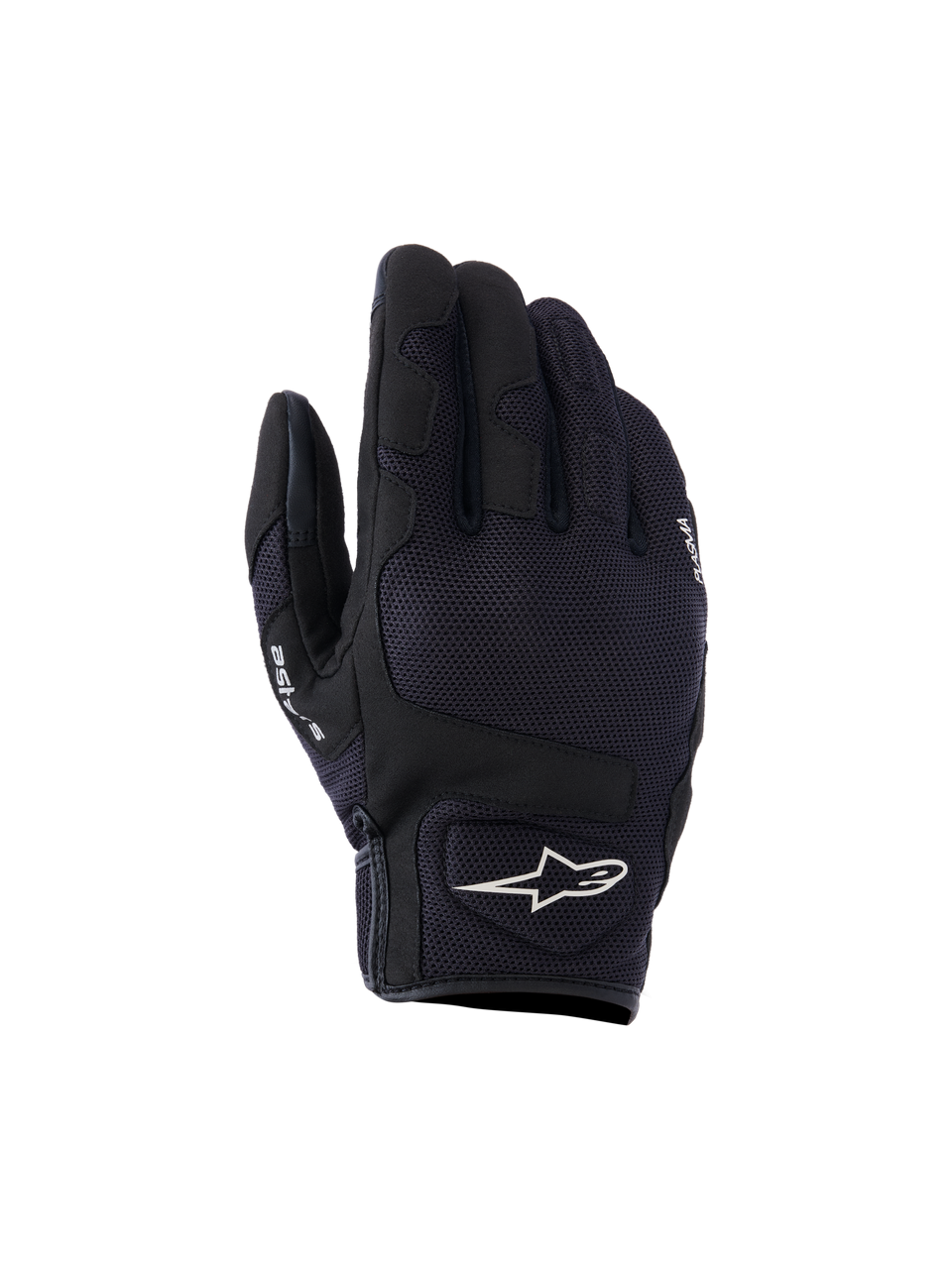 Gants Alpinestars Ignite, gants de moto urbains, noirs, dotés d'un dessus en mesh respirant, d'une protection des articulations NUCLEON PLASMA et d'un logo Alpinestars étoilé blanc au poignet.