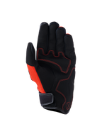 Gants Alpinestars Ignite, vue de la paume, noir et rouge tangerine, paume en suède synthétique avec coutures contrastées rouges, panneau latéral en mesh, manchette courte avec sangle auto-agrippante, équipement de moto urbain