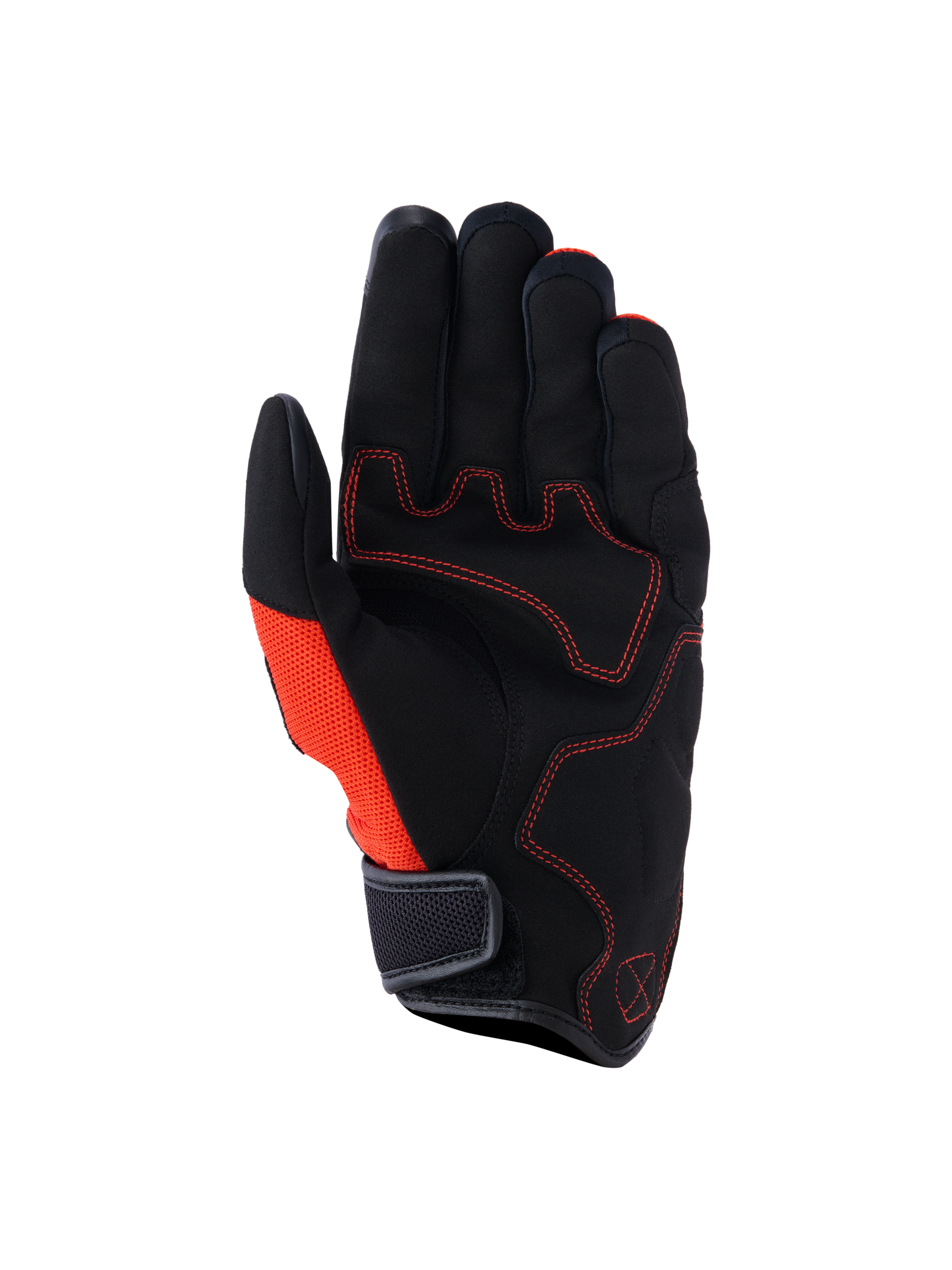 Gants Alpinestars Ignite, vue de la paume, noir et rouge tangerine, paume en suède synthétique avec coutures contrastées rouges, panneau latéral en mesh, manchette courte avec sangle auto-agrippante, équipement de moto urbain