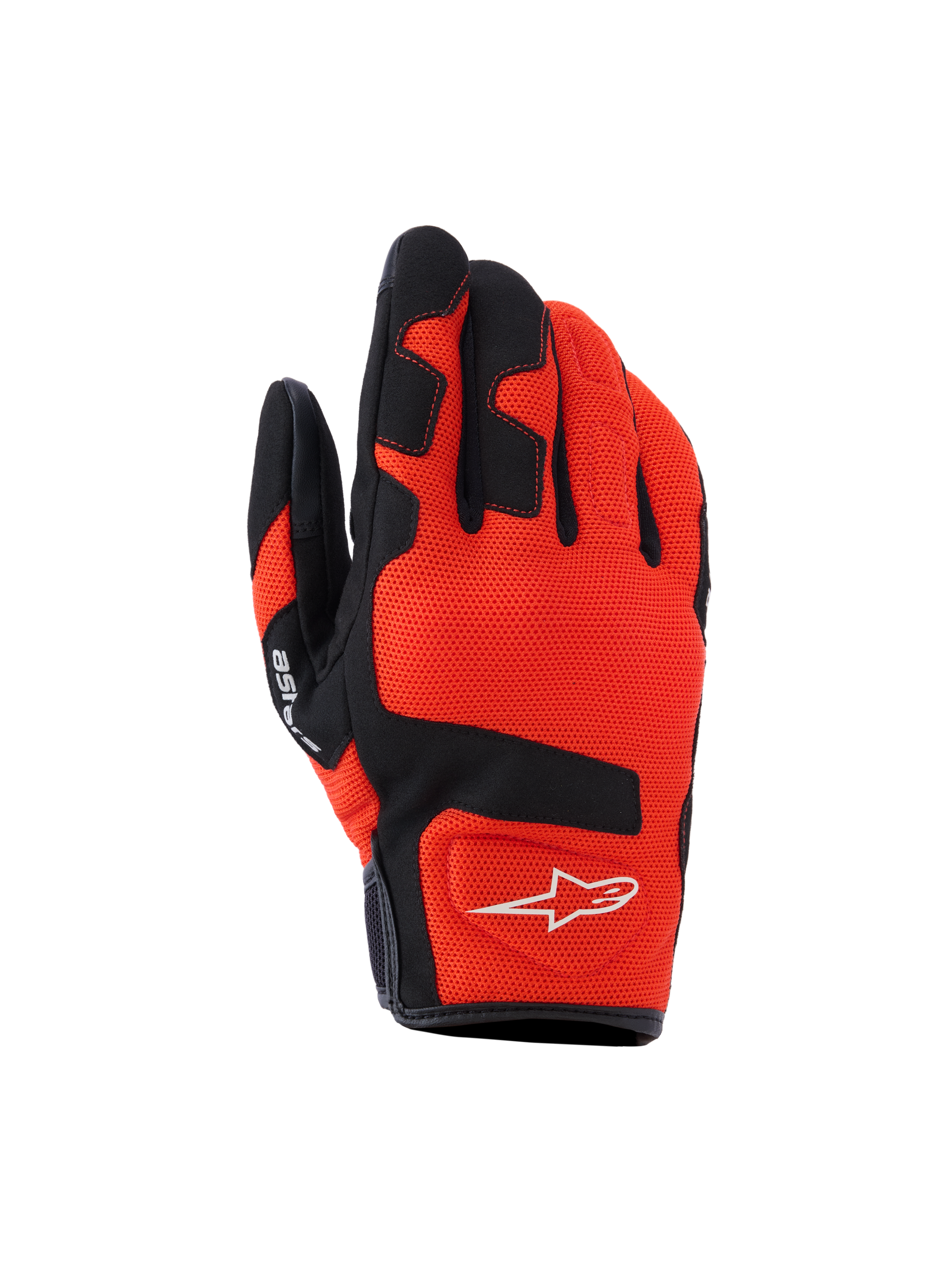 Gants Alpinestars Ignite, gants de moto, rouge tangerine et noir, textile en maille respirante, renforts noirs sur les doigts et les articulations, logo étoile blanc, conception à manchette courte