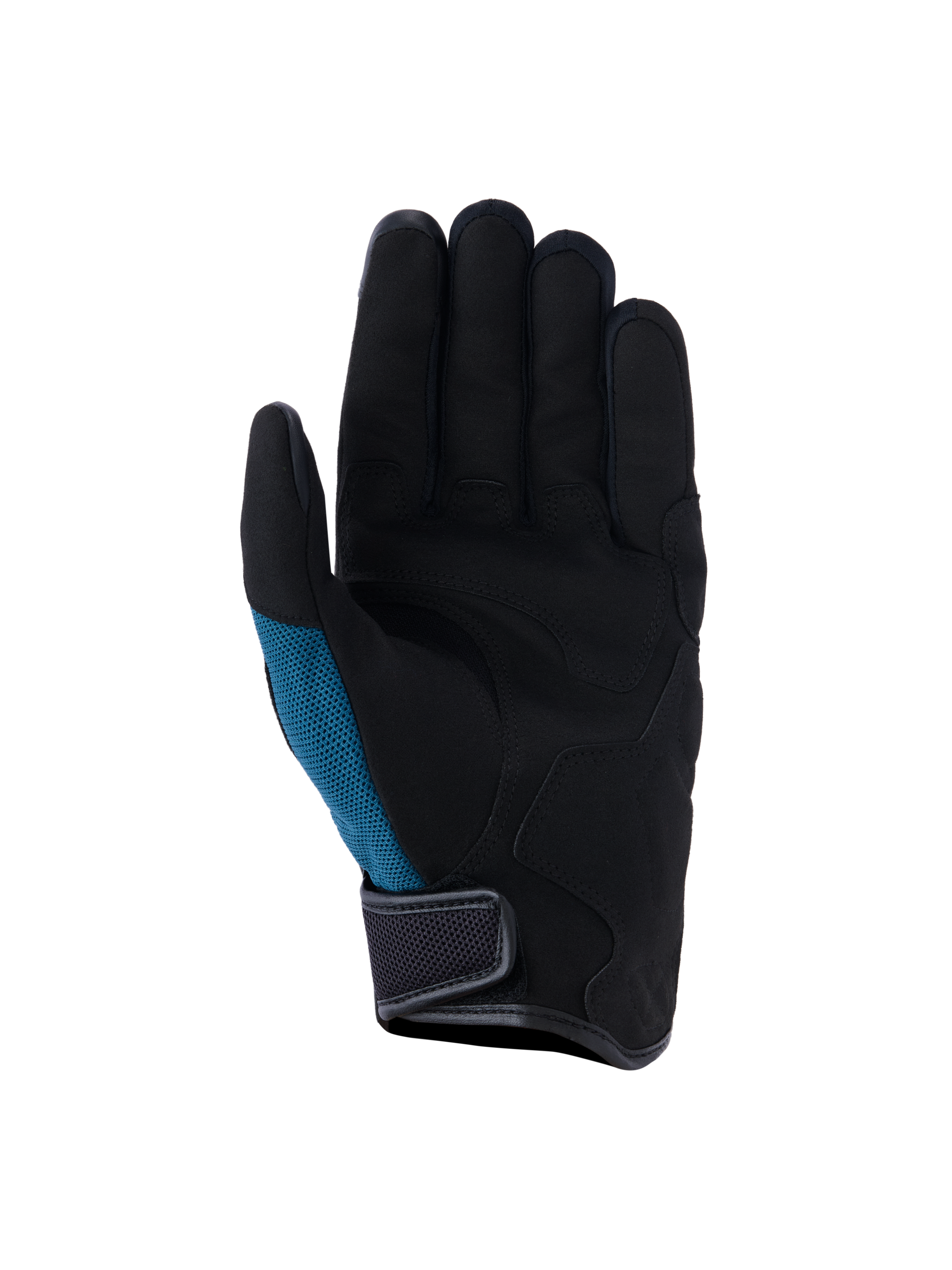 Gants Alpinestars Ignite, gants de moto urbains, bleu indigo et noir, vue de la paume en suédine synthétique avec rembourrage stratégique, empiècement latéral en maille bleu sarcelle et manchette courte avec fermeture à scratch