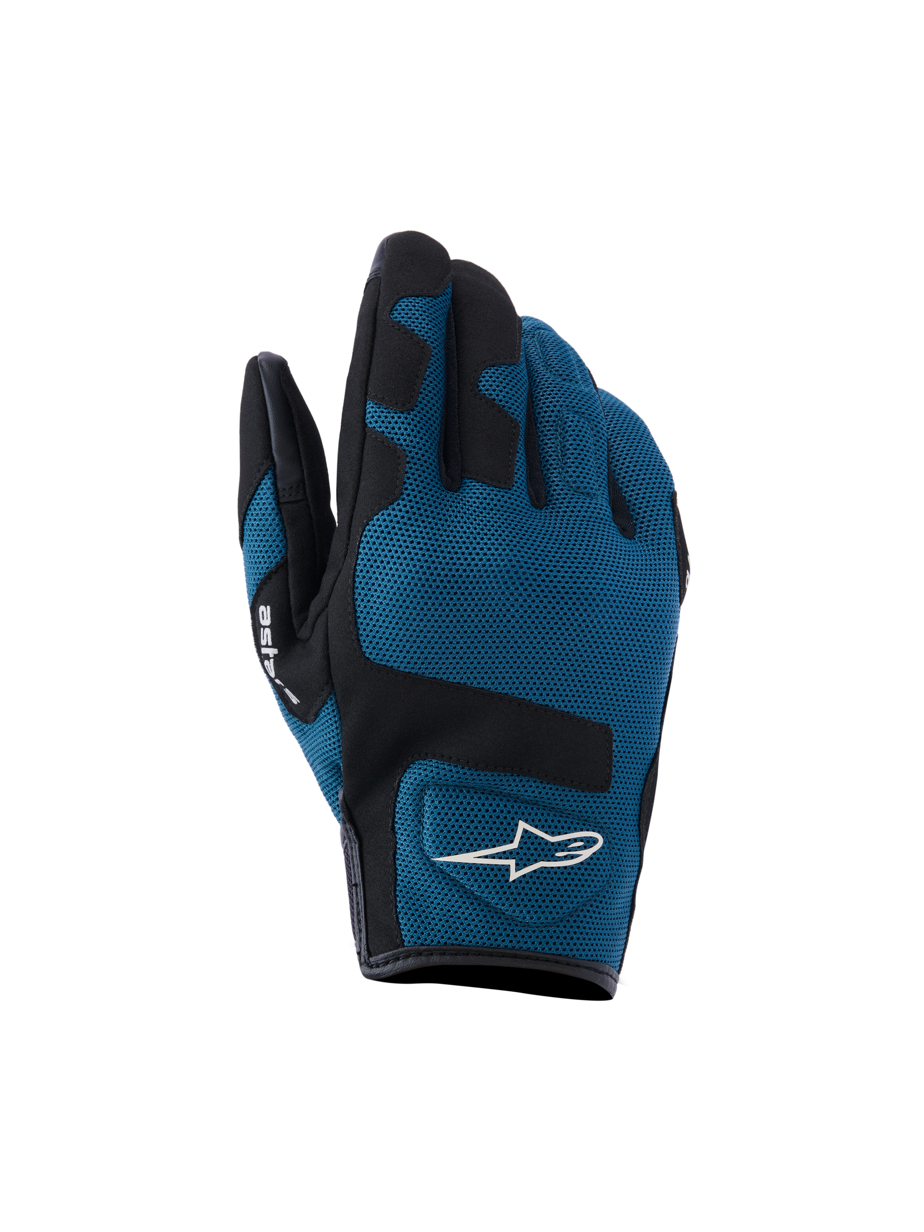 Gants Alpinestars Ignite, gants de moto urbains, bleu indigo et noir, construction en textile mesh respirant sur le dos de la main, empiècements noirs renforcés sur les articulations, logo A-star blanc, manchette courte pour la conduite urbaine