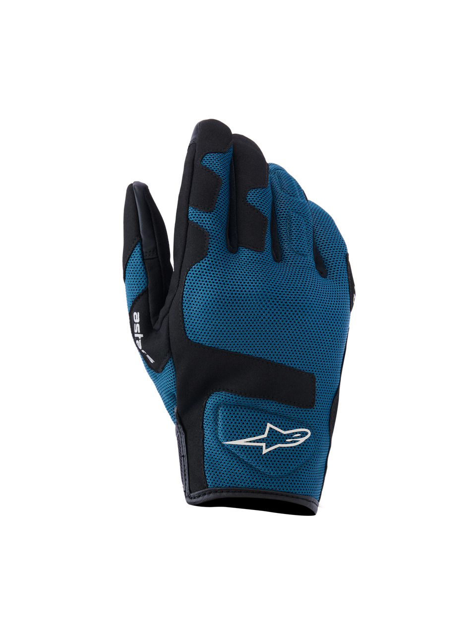 Gants Alpinestars Ignite, gants de moto urbains, bleu indigo et noir, construction en textile mesh respirant sur le dos de la main, empiècements noirs renforcés sur les articulations, logo A-star blanc, manchette courte pour la conduite urbaine