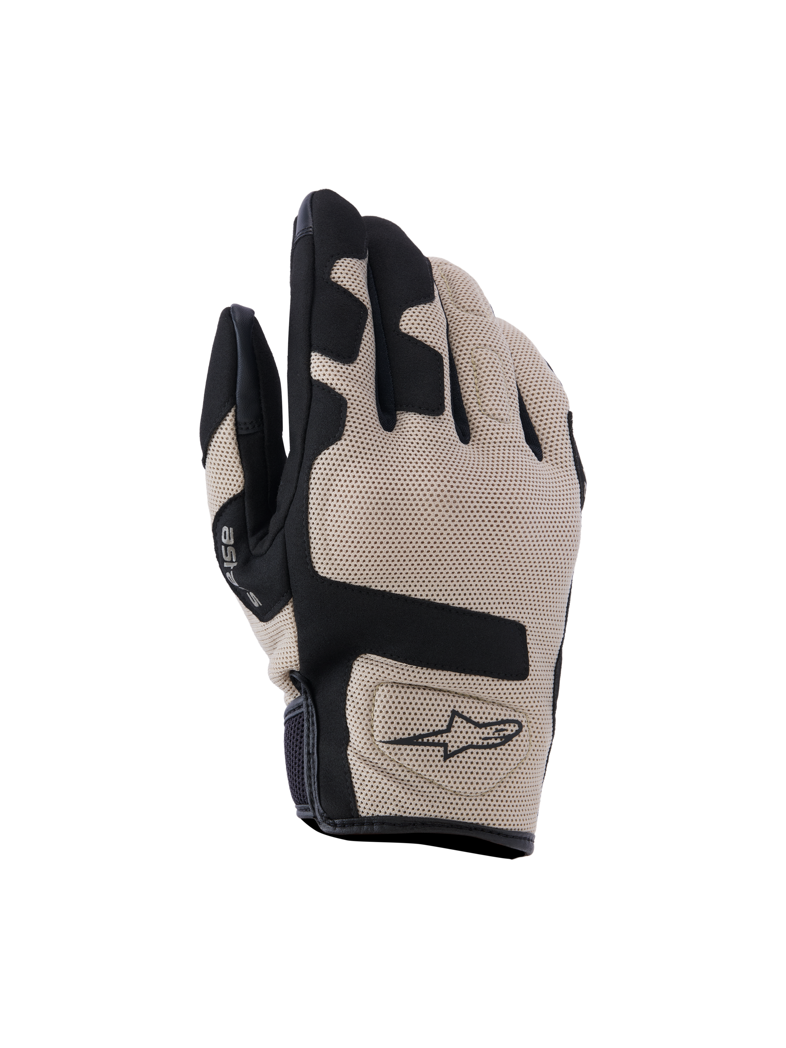 Gants Alpinestars Ignite, gants de moto, beiges et noirs, dessus de la main en maille texturée avec empiècements noirs, manchette courte avec logo Alpinestars, équipement de protection léger et respirant pour la conduite urbaine