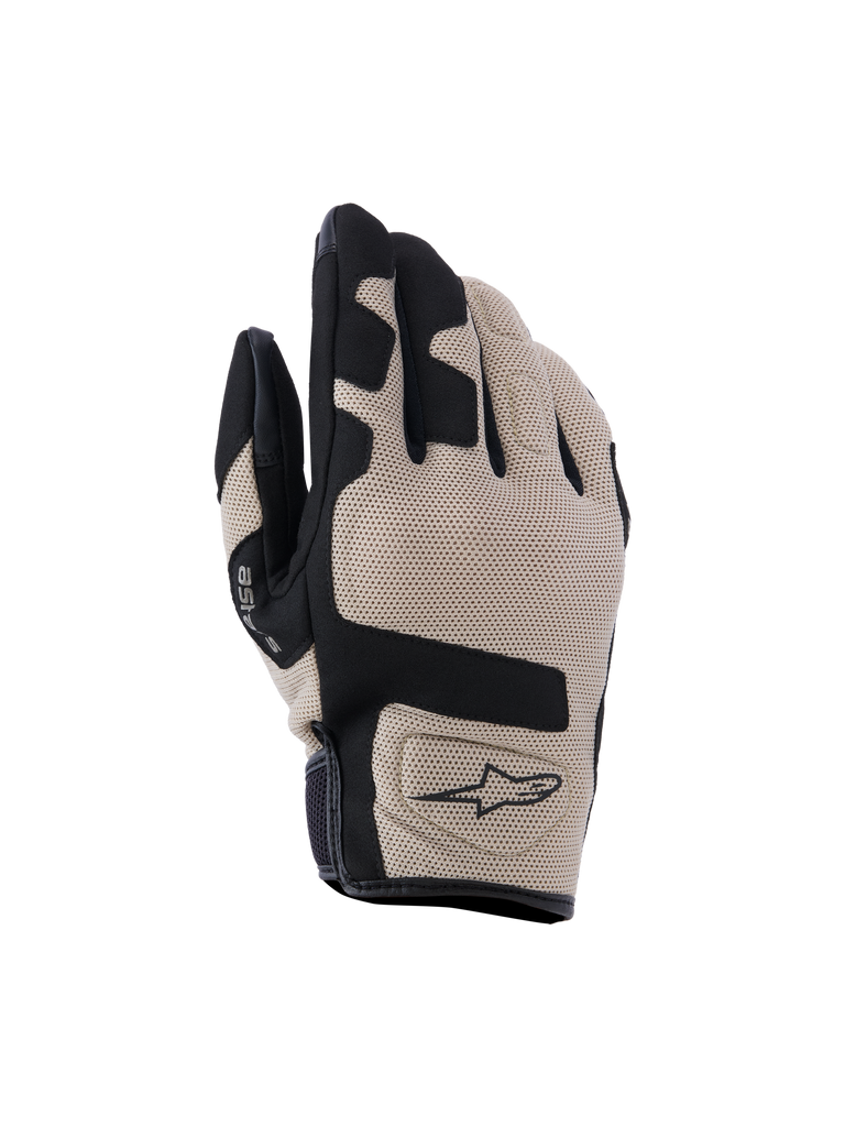 Alpinestars Ignite, gants de moto beiges et noirs, tissu respirant texturé avec perforations, accents noirs sur doigts et paume, logo noir sur le dos, construction ajustée et flexible