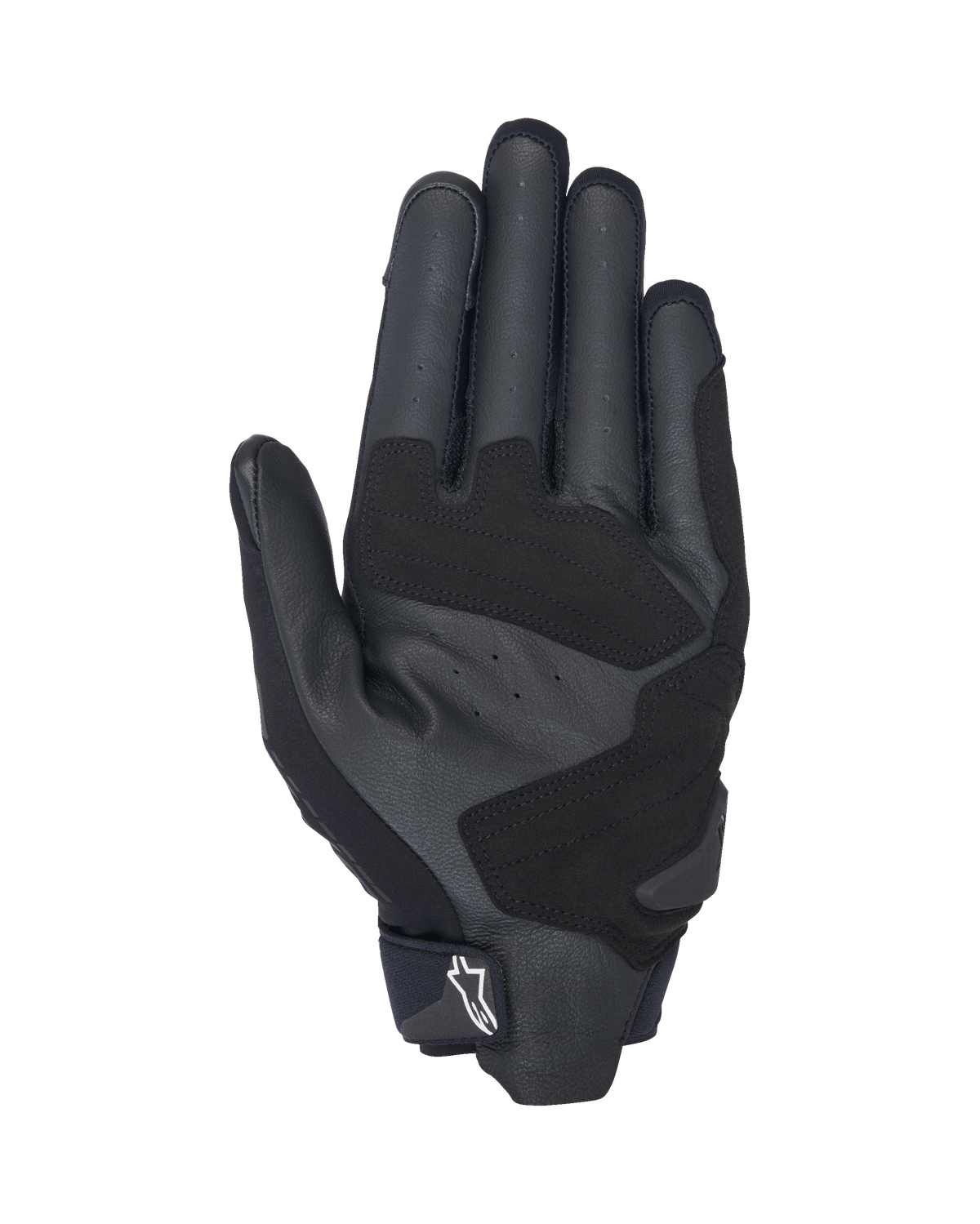 Gants Alpinestars SP X 3, gants de moto noirs et blancs, vue côté paume montrant le cuir perforé pour la ventilation, les renforts en cuir synthétique pour une adhérence et une durabilité accrues, les zones d'impact renforcées, et un design à manchette courte avec un logo Alpinestars blanc sur la languette de traction.