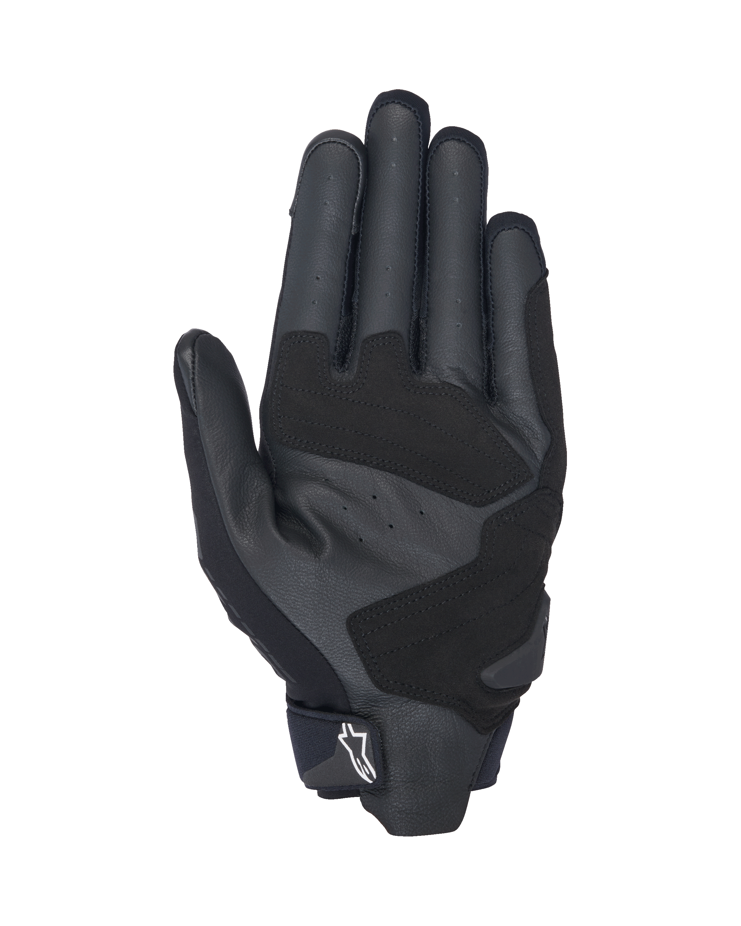 Gants Alpinestars SP X 3, gants de moto noirs et blancs, vue côté paume montrant le cuir perforé pour la ventilation, les renforts en cuir synthétique pour une adhérence et une durabilité accrues, les zones d'impact renforcées, et un design à manchette courte avec un logo Alpinestars blanc sur la languette de traction.