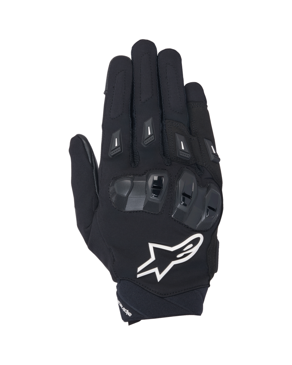 Gants Alpinestars SP X 3, gants de moto à manchette courte noirs et blancs, vue de dessus montrant la protection des articulations en TPU double densité, un grand logo étoile blanc et des protections sur les doigts, conçus pour la conduite sportive et sur route