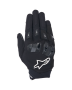 Gants Alpinestars SP X 3, gants de moto à manchette courte noirs et blancs, vue de dessus montrant la protection des articulations en TPU double densité, un grand logo étoile blanc et des protections sur les doigts, conçus pour la conduite sportive et sur route