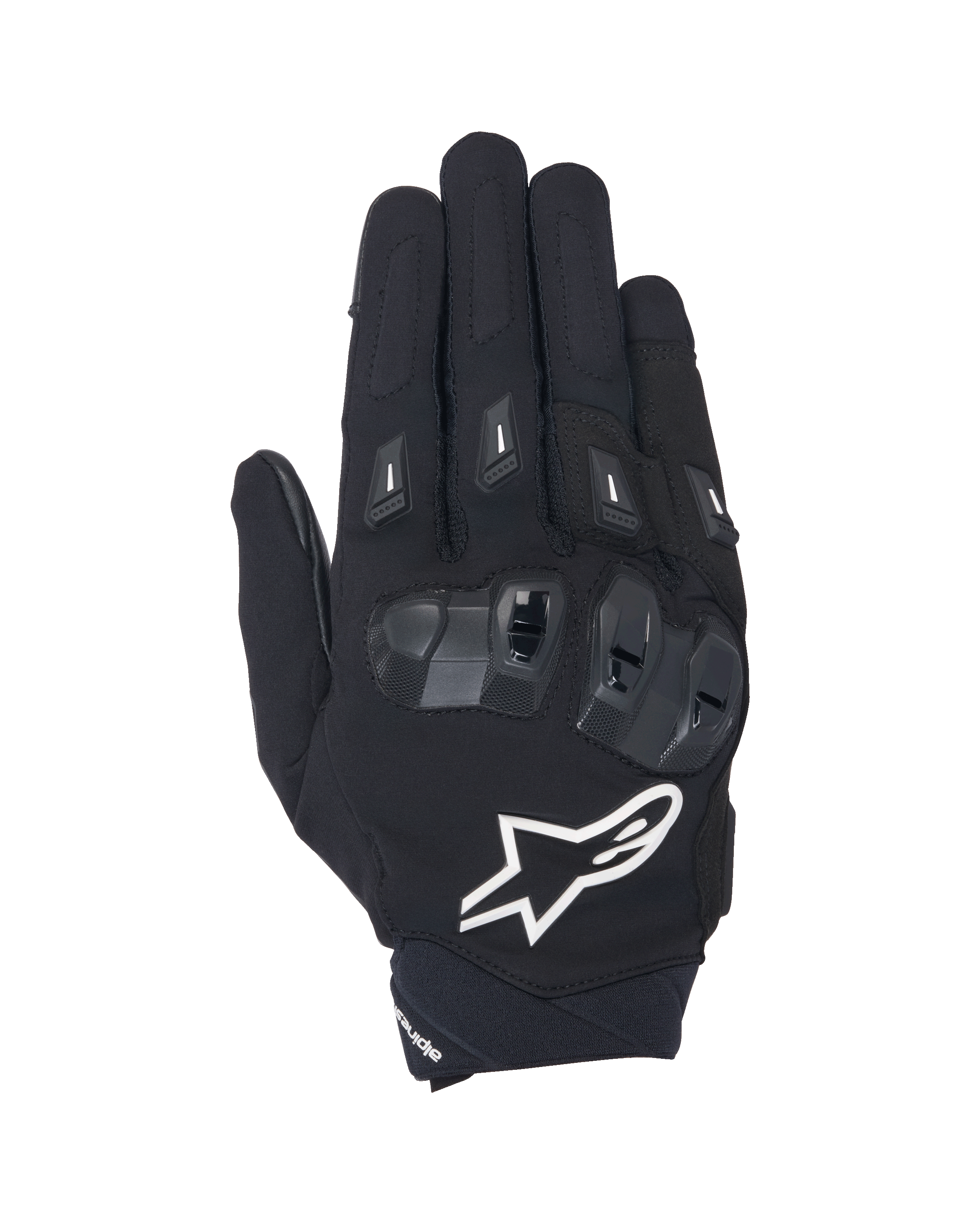 Gants Alpinestars SP X 3, gants de moto à manchette courte noirs et blancs, vue de dessus montrant la protection des articulations en TPU double densité, un grand logo étoile blanc et des protections sur les doigts, conçus pour la conduite sportive et sur route