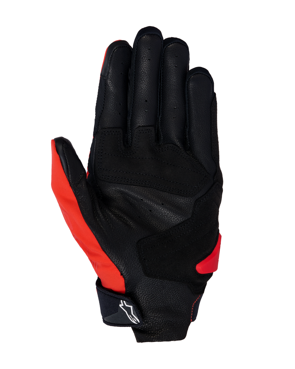Gants Alpinestars SP X 3, gants de moto, rouge vif, noir et blanc, vue de la paume présentant du cuir perforé, des renforts d'adhérence synthétiques et des bouts de doigts compatibles avec les écrans tactiles, équipement de sport et de course sur route durable