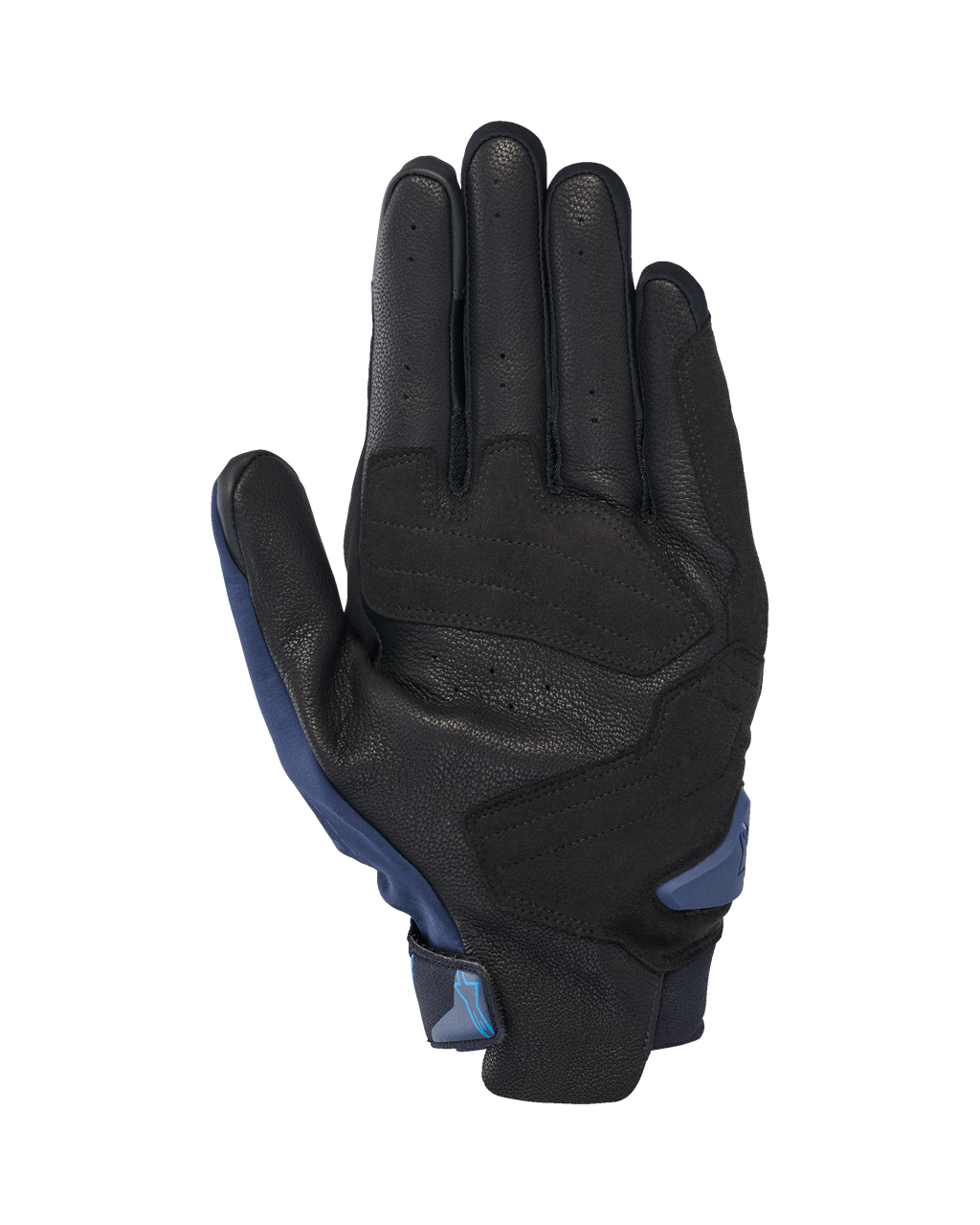 Gants Alpinestars SP X 3, gants de moto, bleu foncé et bleu Blithe, vue de la paume en cuir noir perforé avec empiècements synthétiques, glissière de paume en TPR et languette intégrée pour un enfilage facile.