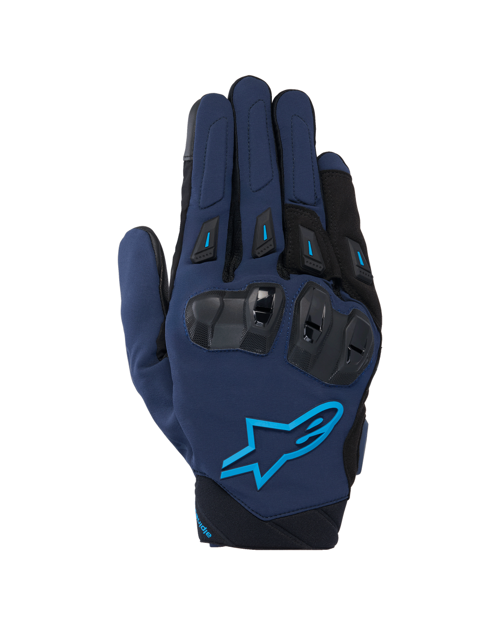 Alpinestars SP X 3, gants de moto racing, bleu foncé et noir avec accents bleu clair, protection des articulations en TPU double densité, logo étoile Alpinestars, construction en textile et mesh pour le pilotage sportif