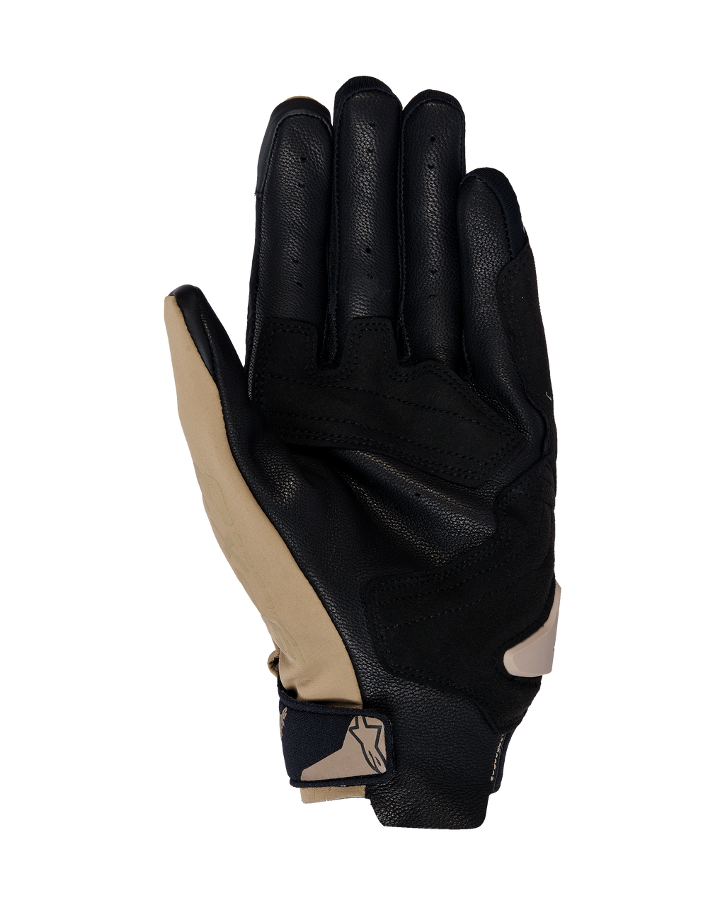 Gants Alpinestars SP X 3, gants de moto, Kaki foncé, sable et noir, vue côté paume avec cuir noir perforé et renforts synthétiques kaki, sangle de poignet compacte avec logo, design ergonomique pour la conduite sportive et sur route