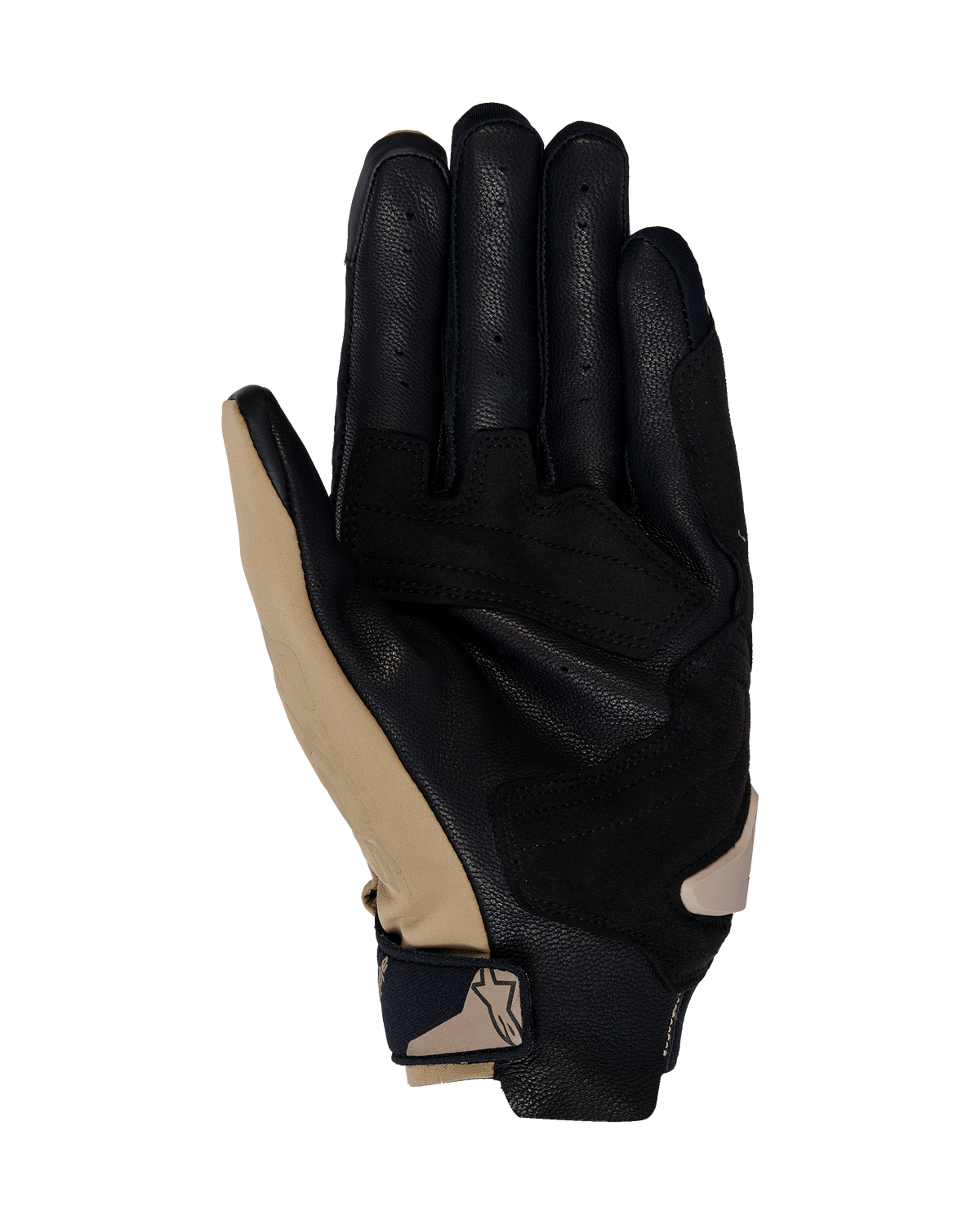 Gants Alpinestars SP X 3, gants de moto, Kaki foncé, sable et noir, vue côté paume avec cuir noir perforé et renforts synthétiques kaki, sangle de poignet compacte avec logo, design ergonomique pour la conduite sportive et sur route