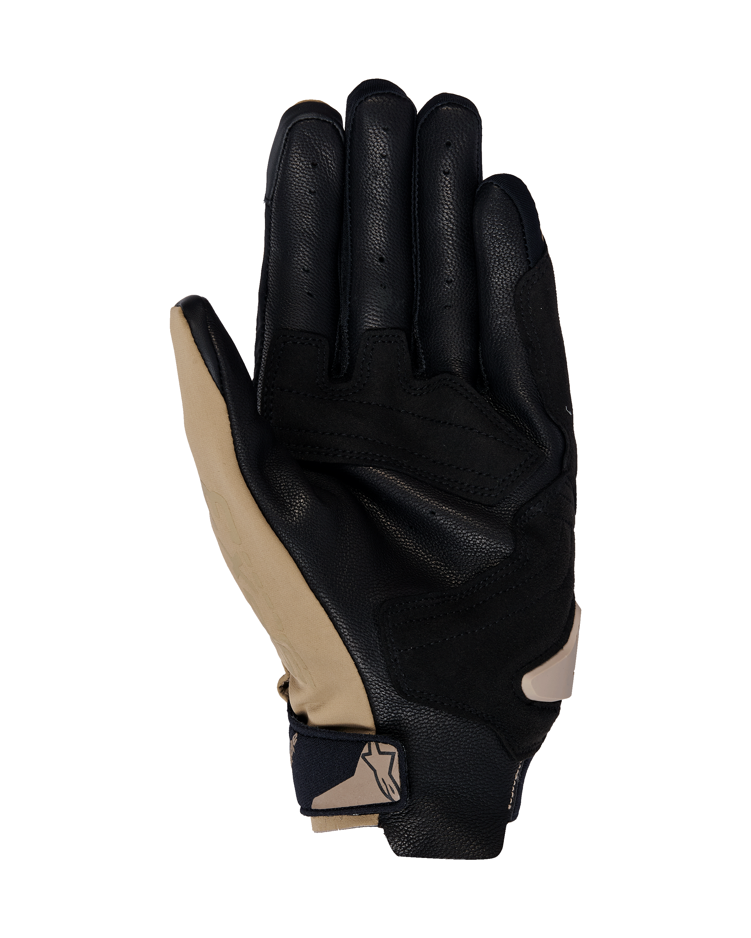 Gants Alpinestars SP X 3, gants de moto, Kaki foncé, sable et noir, vue côté paume avec cuir noir perforé et renforts synthétiques kaki, sangle de poignet compacte avec logo, design ergonomique pour la conduite sportive et sur route