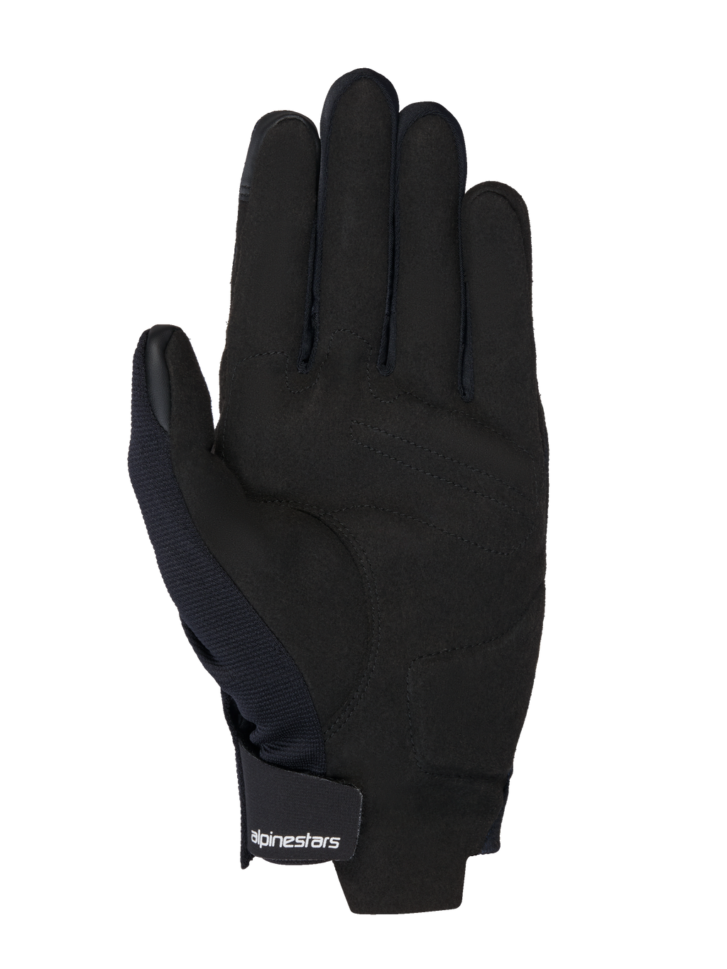Gants Alpinestars MM93 Reef V2, vue de la paume en suède synthétique noire, renfort de paume rembourré, bouts des doigts compatibles avec les écrans tactiles, sangle de poignet à crochet et boucle avec logo blanc