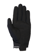Gants Alpinestars MM93 Reef V2, vue de la paume en suède synthétique noire, renfort de paume rembourré, bouts des doigts compatibles avec les écrans tactiles, sangle de poignet à crochet et boucle avec logo blanc