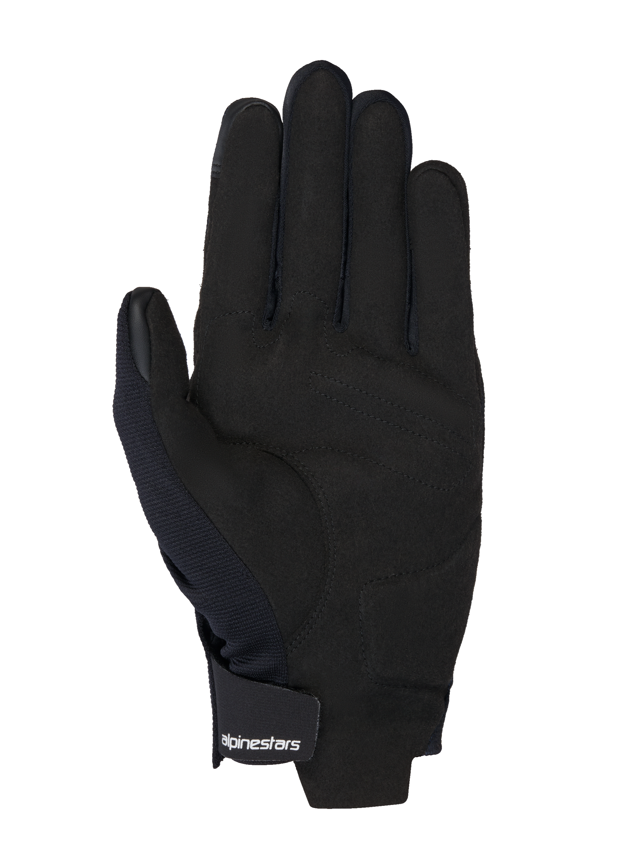 Gants Alpinestars MM93 Reef V2, vue de la paume en suède synthétique noire, renfort de paume rembourré, bouts des doigts compatibles avec les écrans tactiles, sangle de poignet à crochet et boucle avec logo blanc