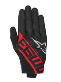 Gants Alpinestars MM93 Reef V2, gants de moto, noir et rouge vif, avec des graphismes 93 rouges et un logo étoile blanc, design signature de Marc Márquez, construction textile à manchette courte