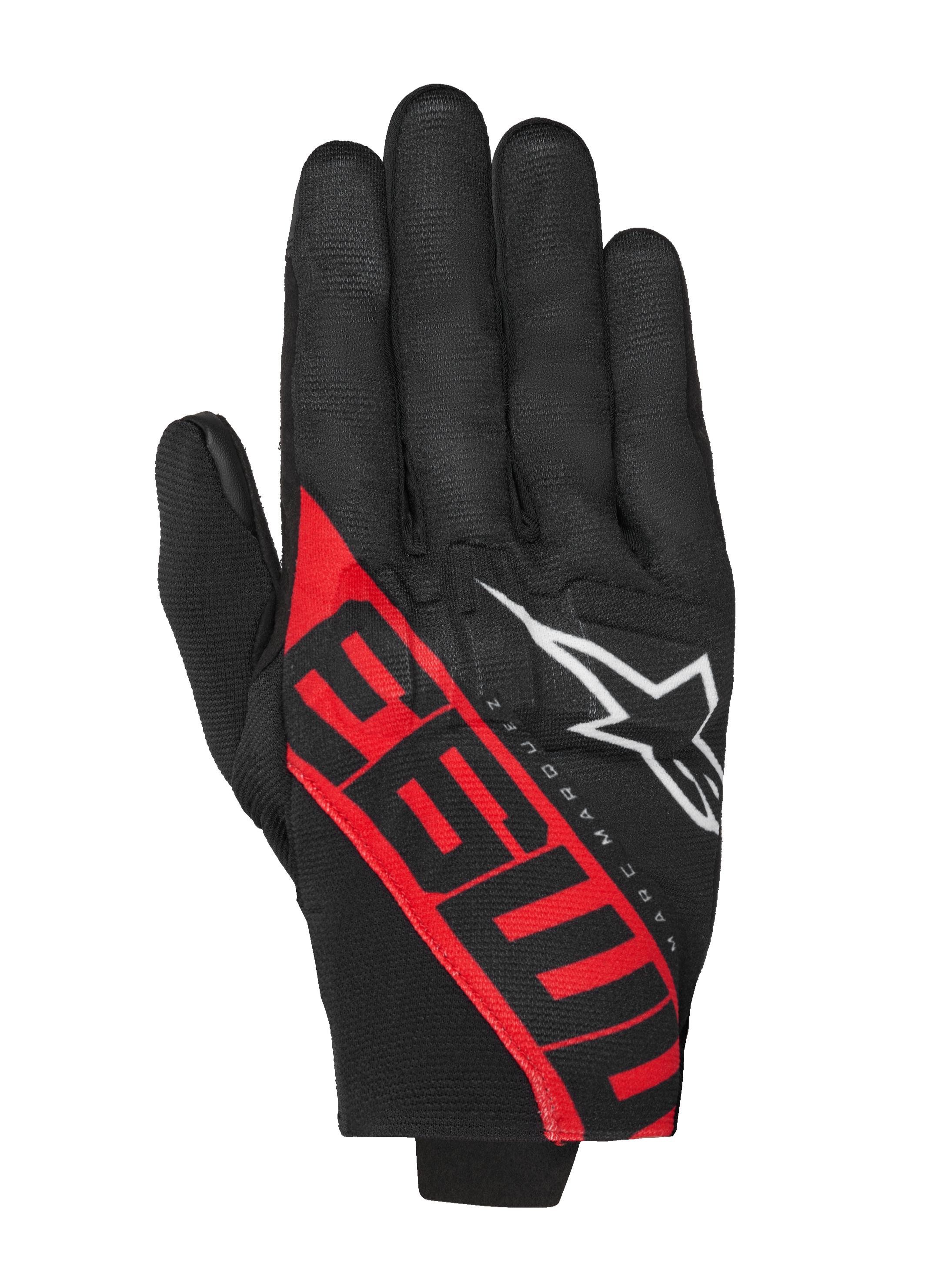 Gants Alpinestars MM93 Reef V2, gants de moto, noir et rouge vif, avec des graphismes 93 rouges et un logo étoile blanc, design signature de Marc Márquez, construction textile à manchette courte