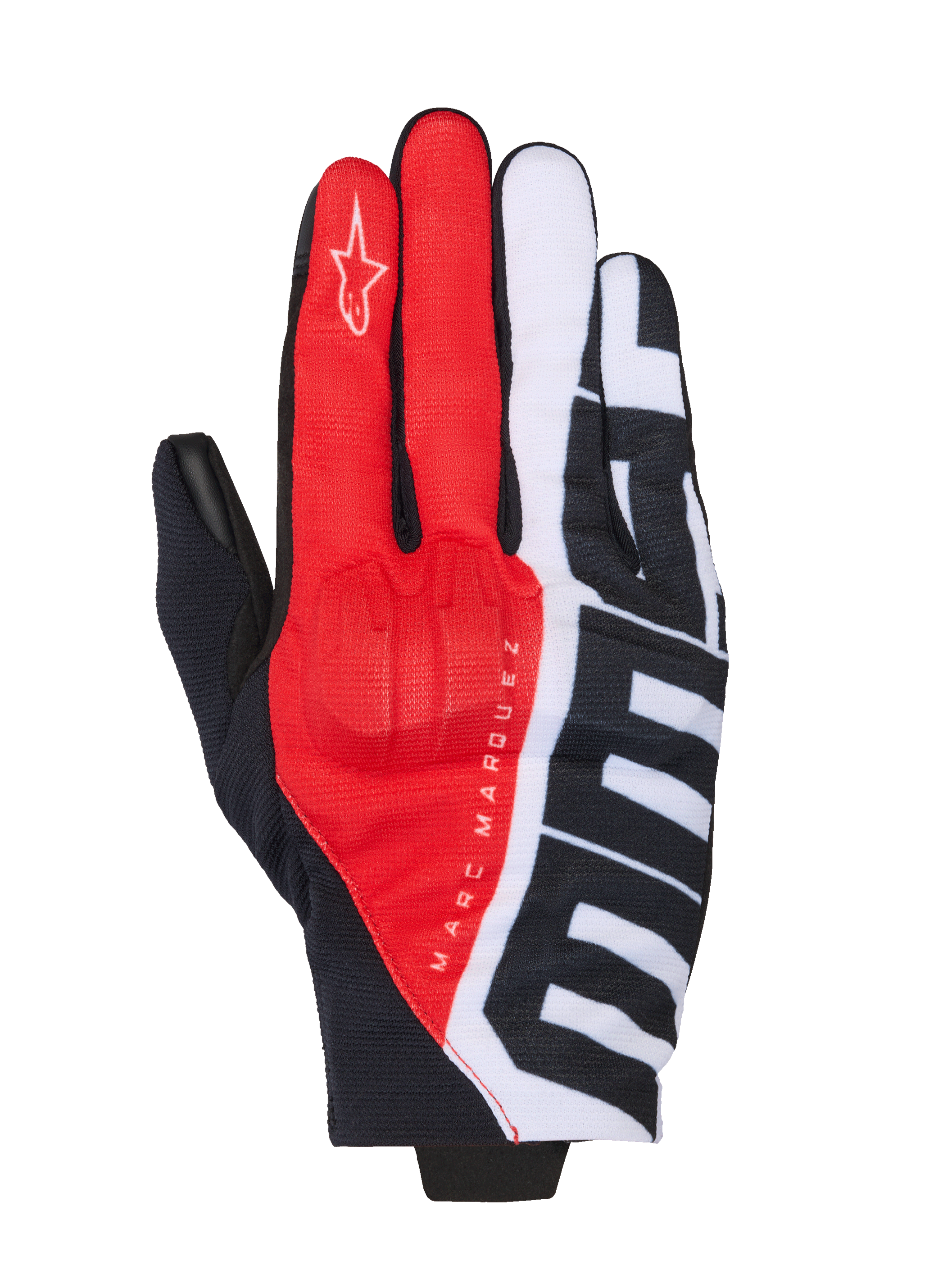 Alpinestars MM93 Reef V2, gants de moto, noir, rouge vif et blanc, avec signature Marc Marquez et grands graphismes MM93, construction textile avec protection d'articulations intégrée, équipement urbain à manchette courte
