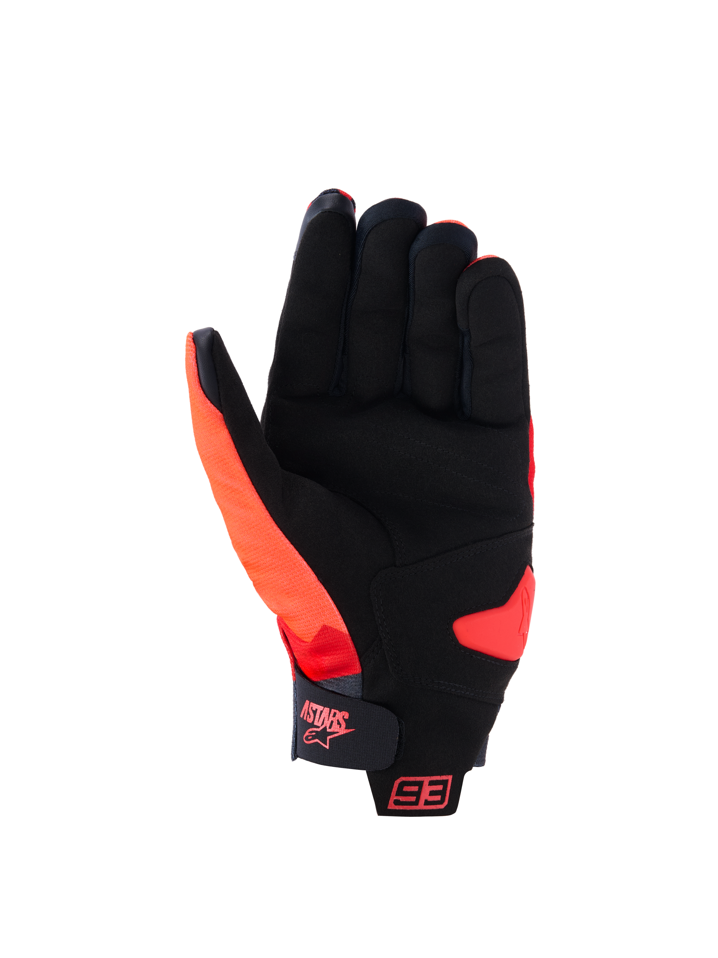 Gants Alpinestars MM93 Reef V2, vue de la paume, rouge fluo, rouge vif et noir, dotés d'une paume en suède synthétique avec renfort rembourré, sangle de poignet à boucles et crochets avec logo Astars et marquage 93, gants de moto urbains