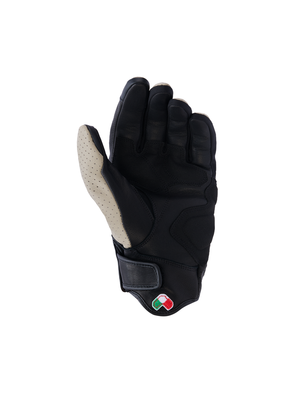 Gants en cuir Alpinestars Mustang V3, vue de la paume, Aluminum Black, cuir de chèvre noir avec zone du pouce gris clair perforée, zones de la paume et du pouce renforcées, manchette courte avec fermeture auto-agrippante, gants de moto urbains d'inspiration héritage