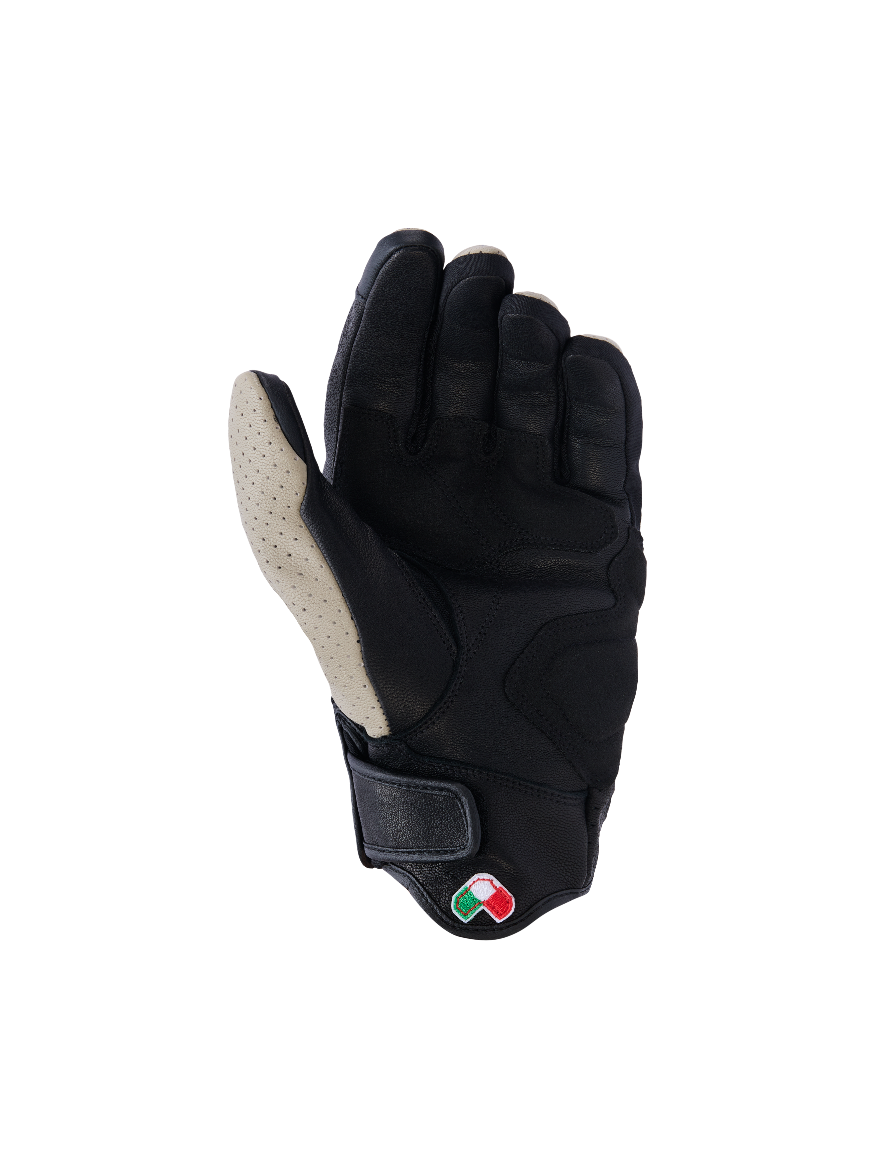 Gants en cuir Alpinestars Mustang V3, vue de la paume, Aluminum Black, cuir de chèvre noir avec zone du pouce gris clair perforée, zones de la paume et du pouce renforcées, manchette courte avec fermeture auto-agrippante, gants de moto urbains d'inspiration héritage