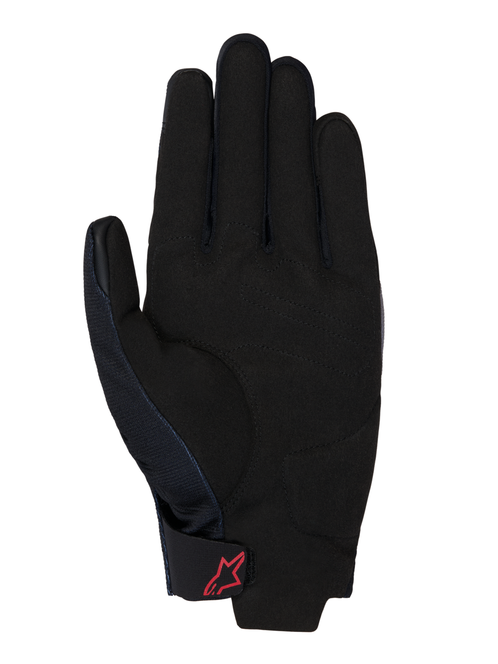 Gants Honda Reef V2, vue de la paume, suède synthétique noir avec renfort rembourré, logo Alpinestars rouge sur la sangle de poignet auto-agrippante, manchette courte pour la moto